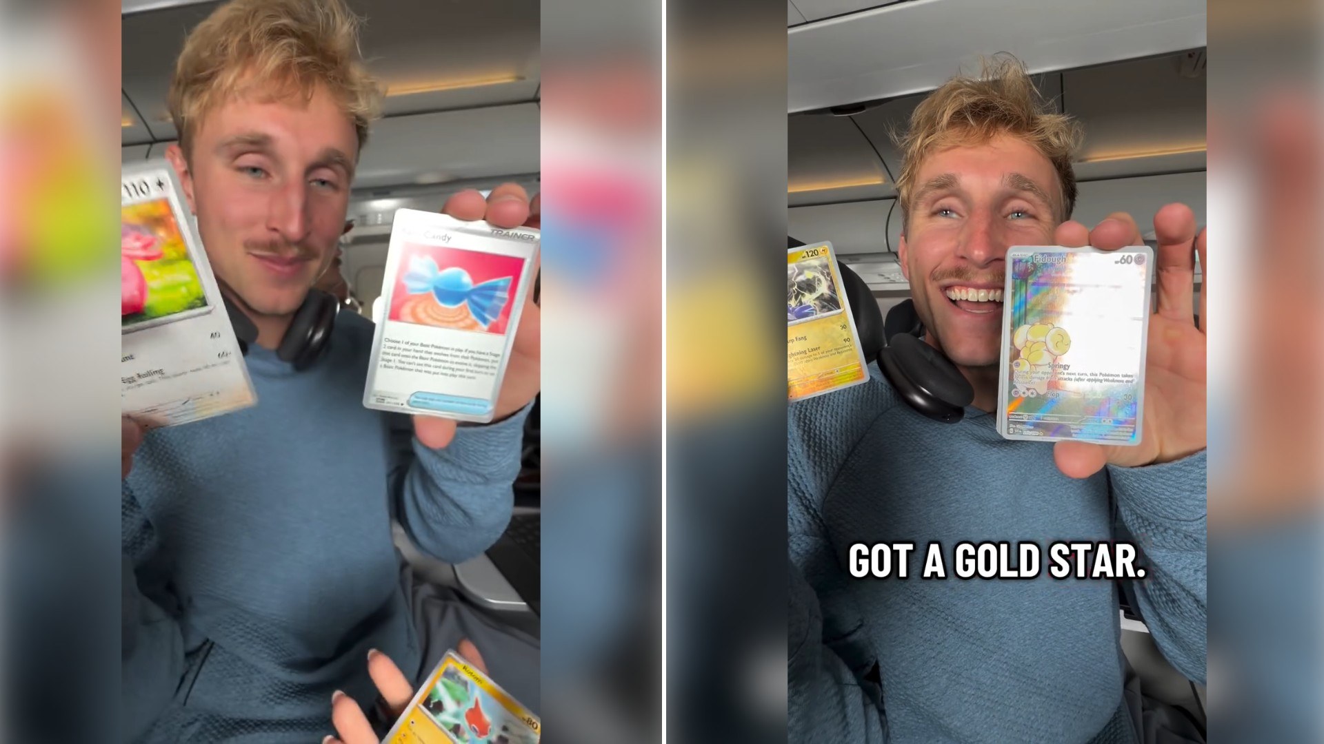 Two moments from an Instagram reel: a man on a flight holding up several trading cards, then him grinning with a gold-star card.