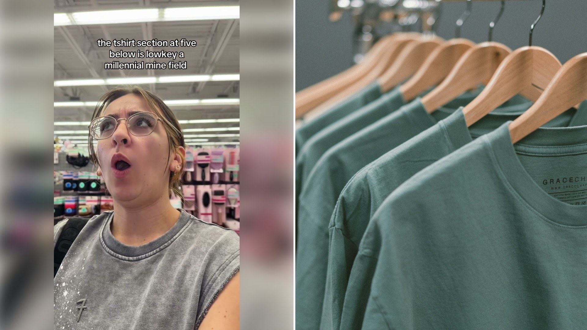 Left: TikTok still of a woman looking amazed in a store aisle. Right: green t-shirts hanging on wooden hangers (Unsplash photo by Keagan Henman).