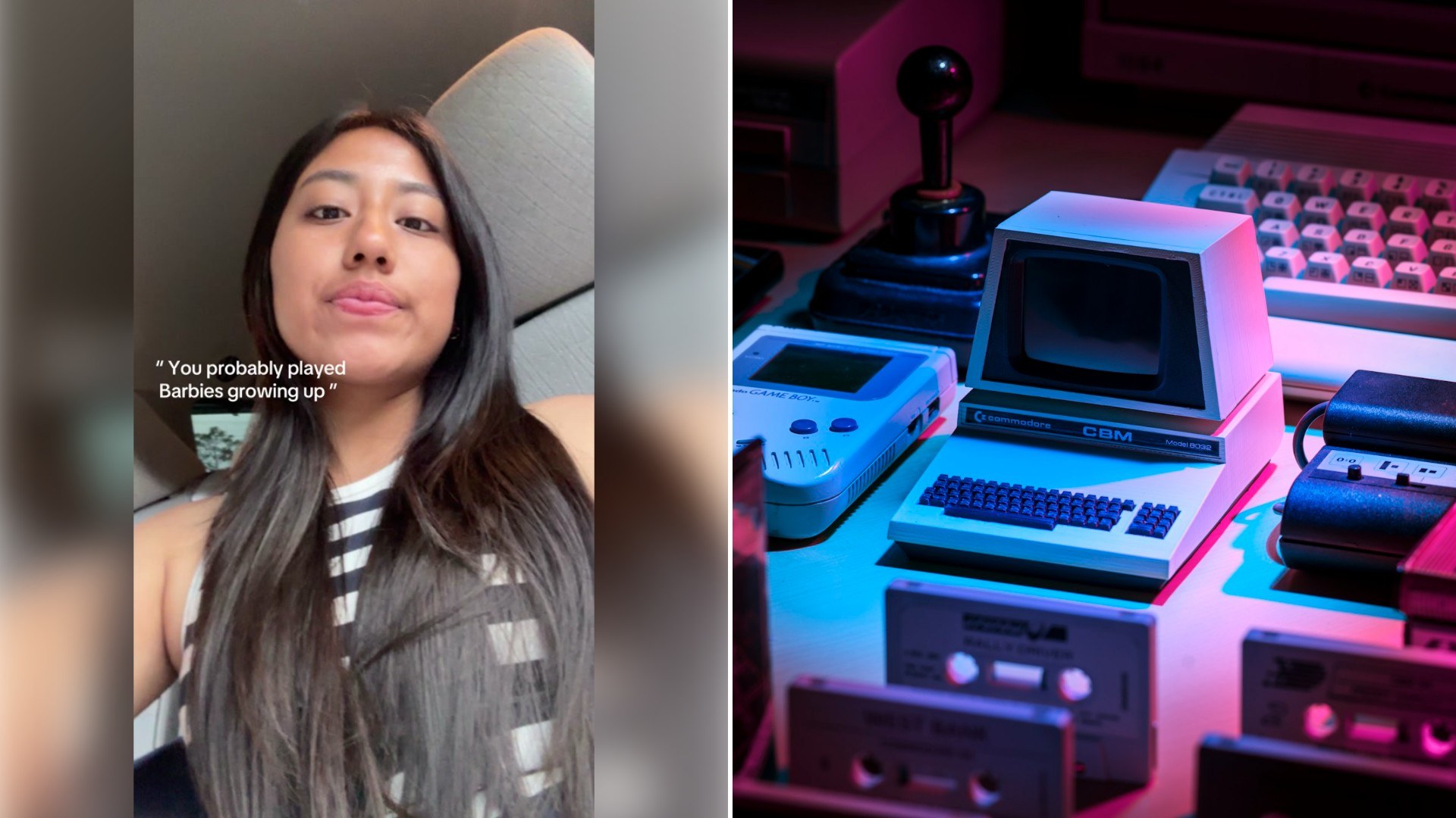 Left: TikTok still of a woman in a striped top looking at the camera. Right: a vintage computer with a joystick and retro gaming gear (Unsplash photo by Lorenzo Herrera).