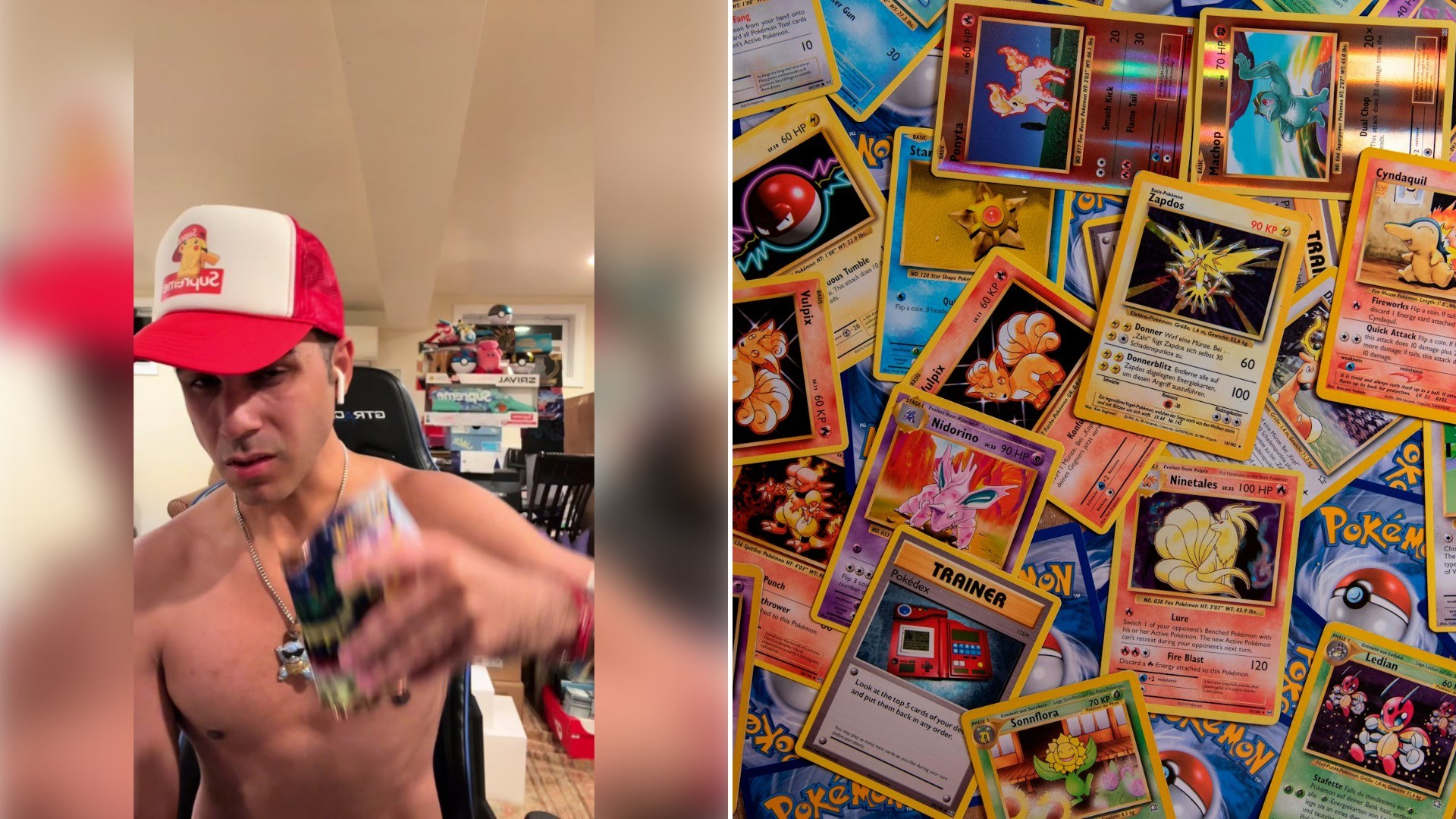 Left: TikTok still of a man in a red cap holding up a Pokémon pack. Right: a spread of Pokémon trading cards (Unsplash photo by Thimo Pedersen).