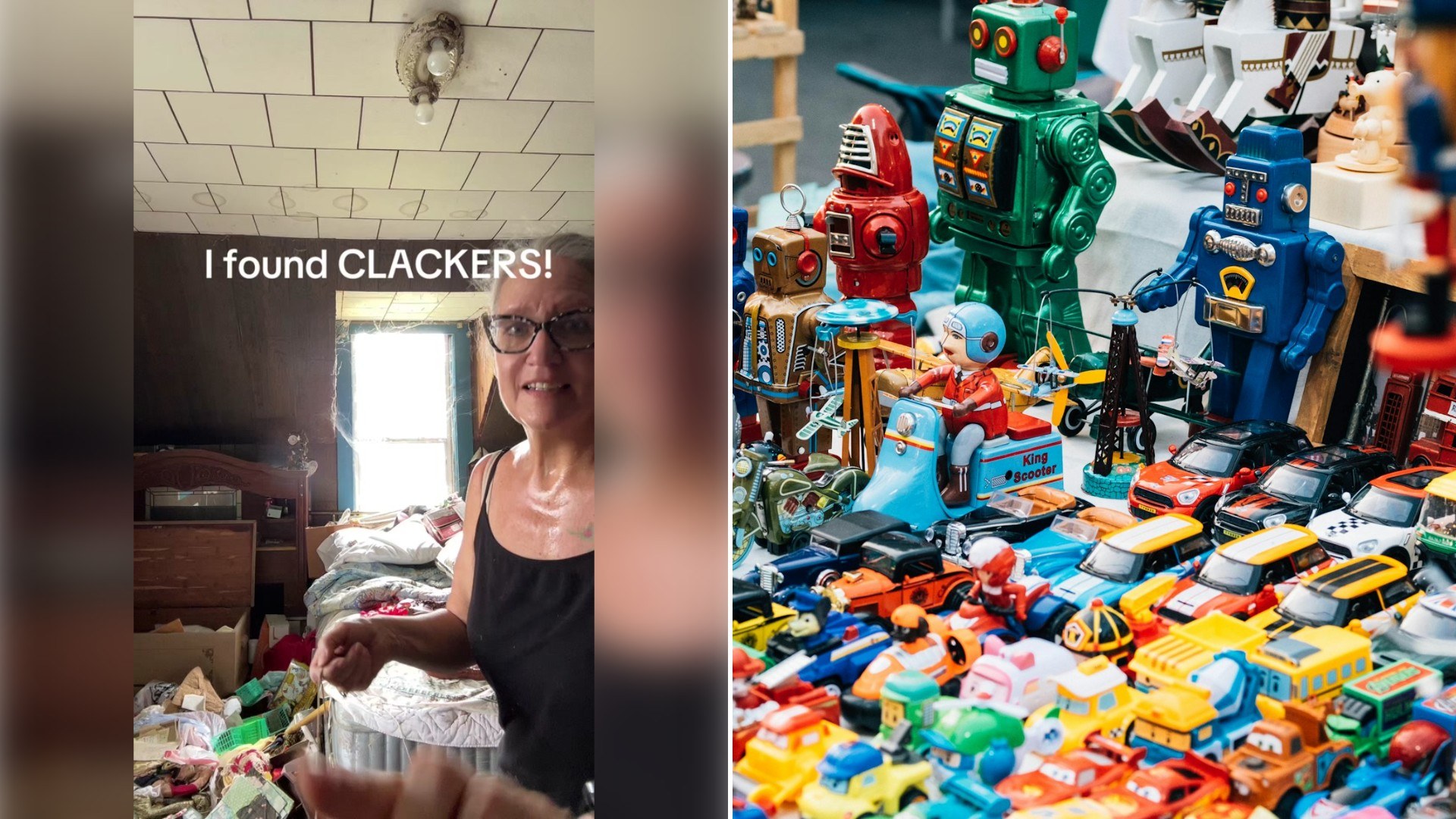 Left: TikTok still of a woman holding up a toy she found in a thrift store, with a "I found CLACKERS!" caption. Right: vintage toy robots and colorful toys on a table (Unsplash photo by Huy Hung Trinh).