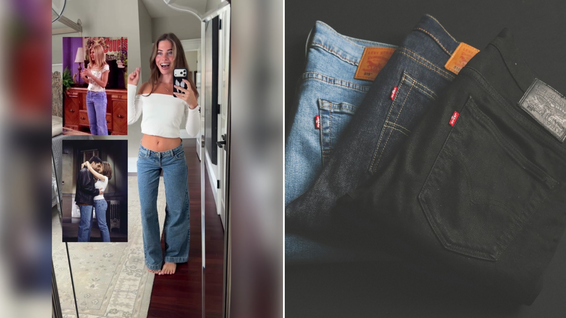 Left: TikTok still of a woman in a mirror selfie wearing wide-leg jeans. Right: folded denim jeans (Unsplash photo by Mnz).