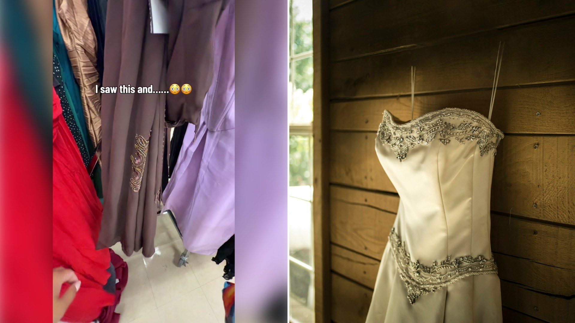 Left: TikTok still of dresses hanging on a thrift store rack. Right: a white beaded dress hanging on a wooden wall (Unsplash photo by Leo_Visions).