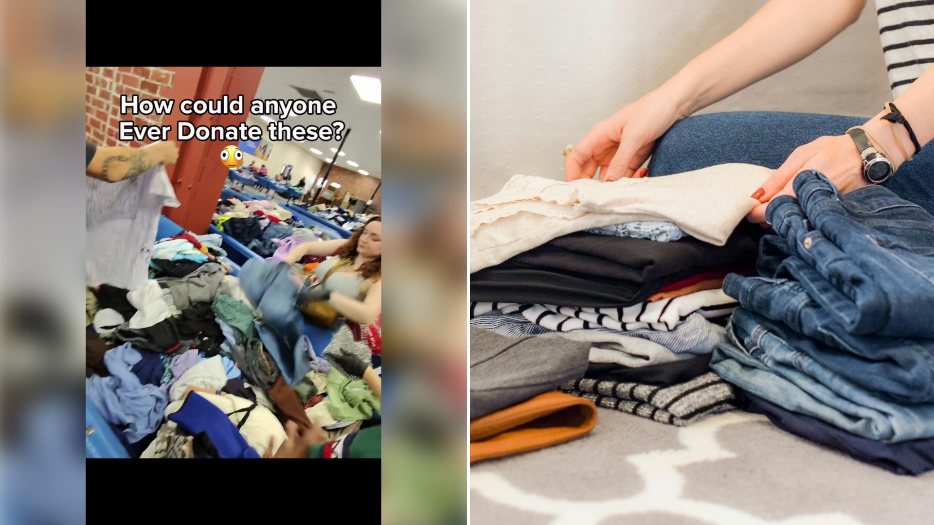 Left: TikTok still of a huge pile of donated clothes on a floor. Right: a person folding clothes and jeans (Unsplash photo by Sarah Brown).