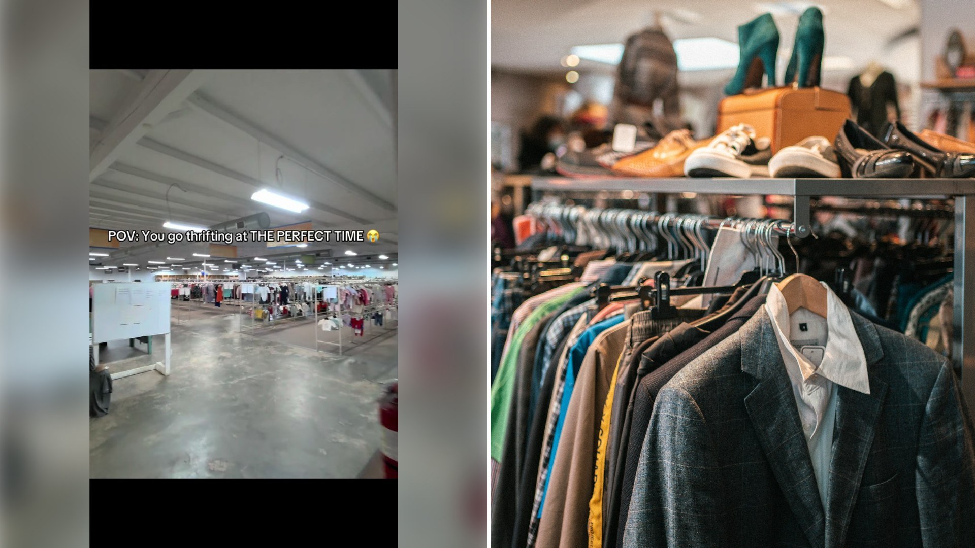 Left: TikTok still of a large thrift store floor under bright lights. Right: a rack of jackets, shirts and shoes at a thrift shop (Unsplash photo by Hugo Clément).