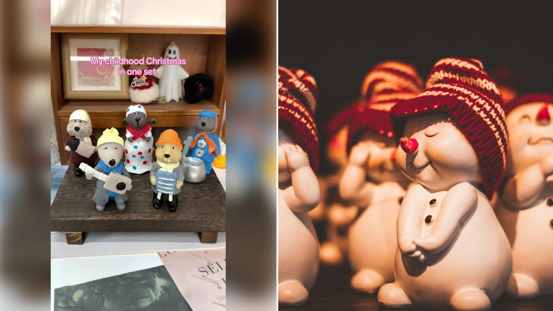 Left: TikTok still of a shelf of small figurines and collectibles. Right: ceramic snowman figurines in red knit hats (Unsplash photo by Aswin).
