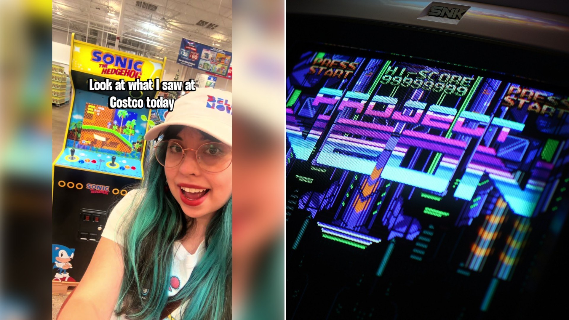 Left: TikTok still of a smiling woman in a cap in front of a Sonic arcade cabinet. Right: a neon-lit arcade machine screen (Unsplash photo by Sascha Reuter).