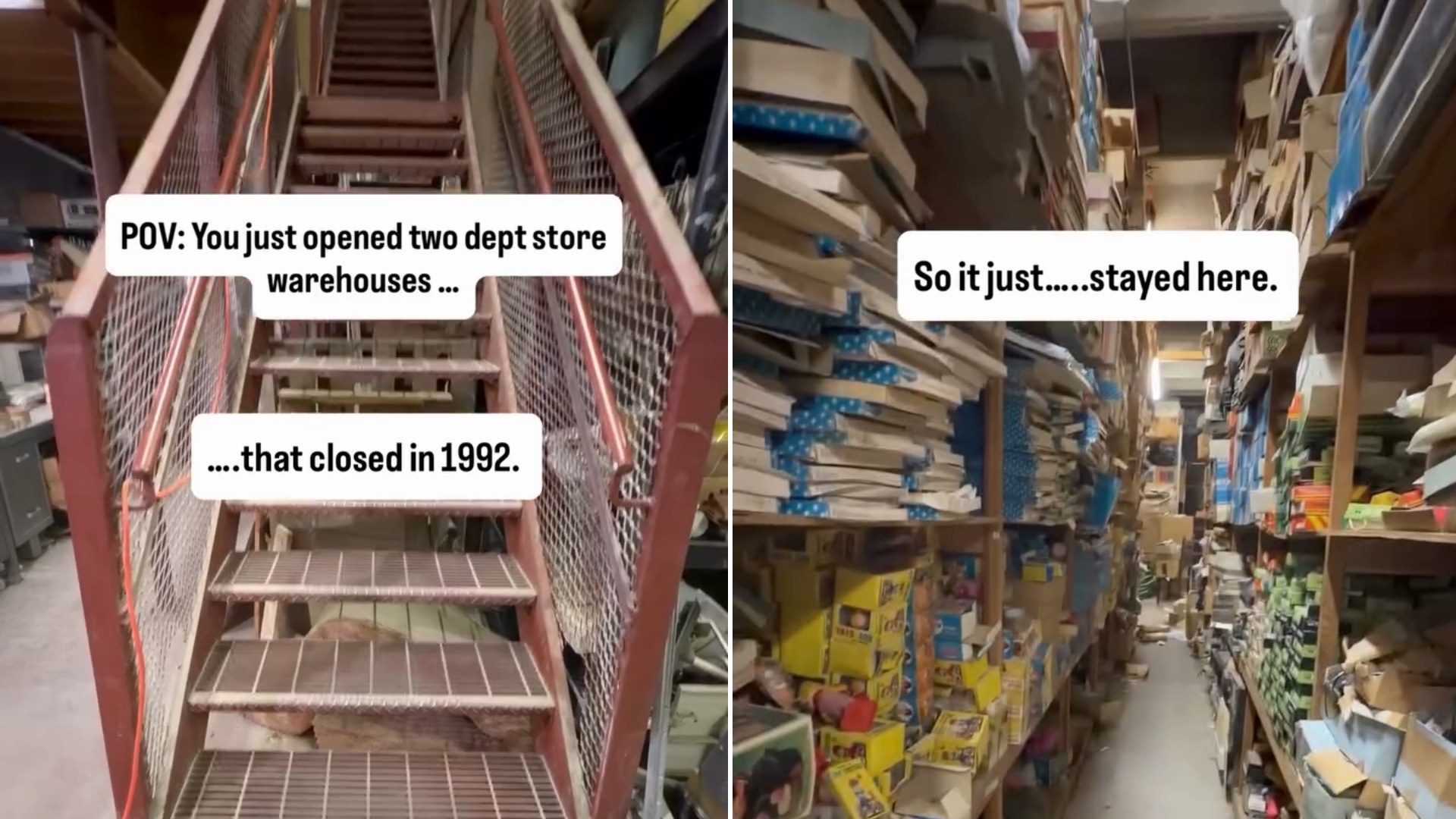 Metal staircase inside a department store warehouse sealed since 1992, beside aisles of untouched boxed inventory