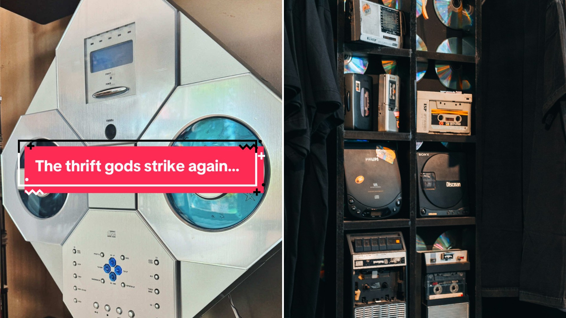 The futuristic silver vintage CD player found at a thrift store, next to a shelf of vintage cassette and CD players