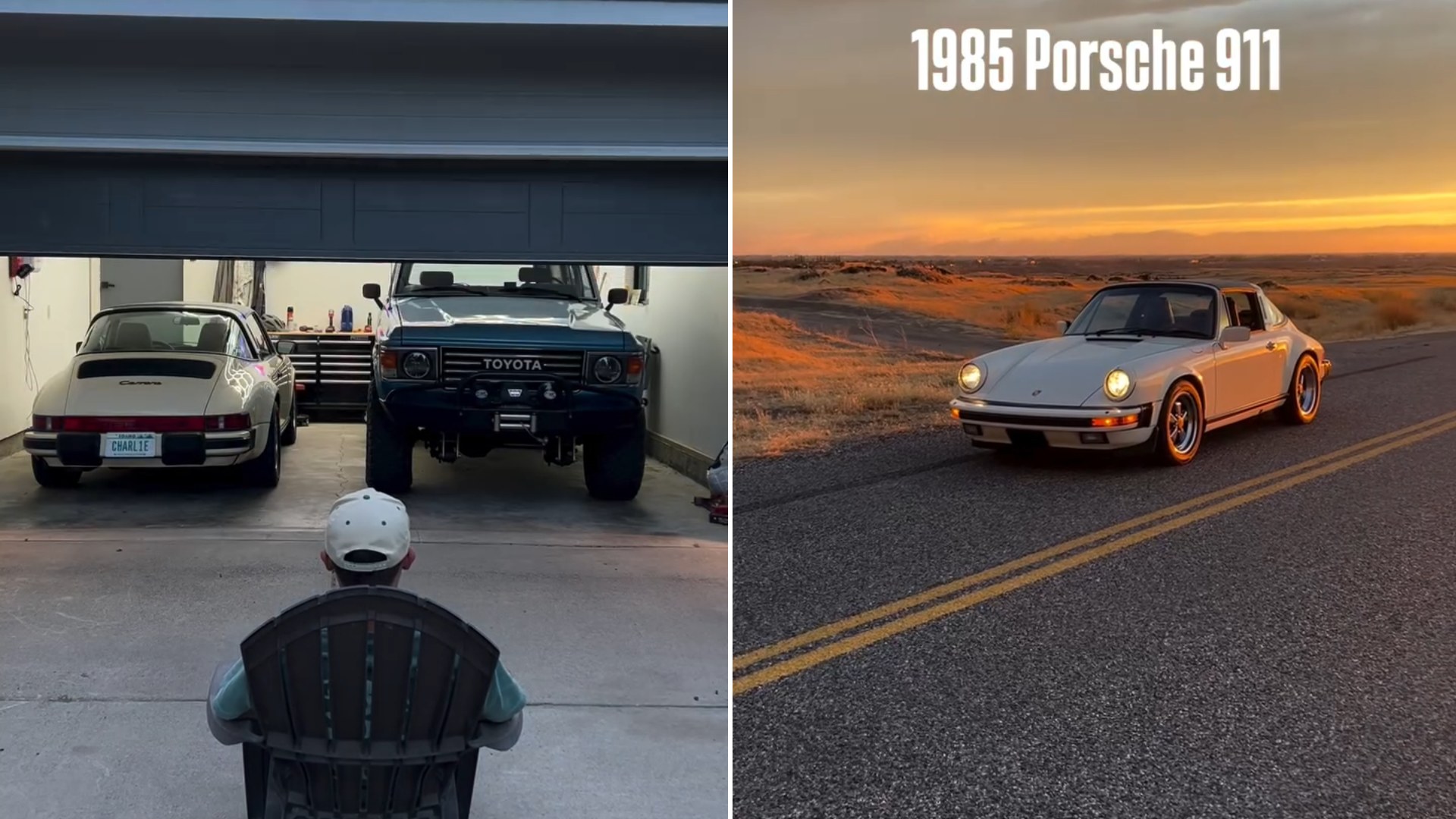 Collector in a lawn chair watching his garage door open on a Porsche 911 and Toyota Land Cruiser, beside the 1985 Porsche 911 at sunset