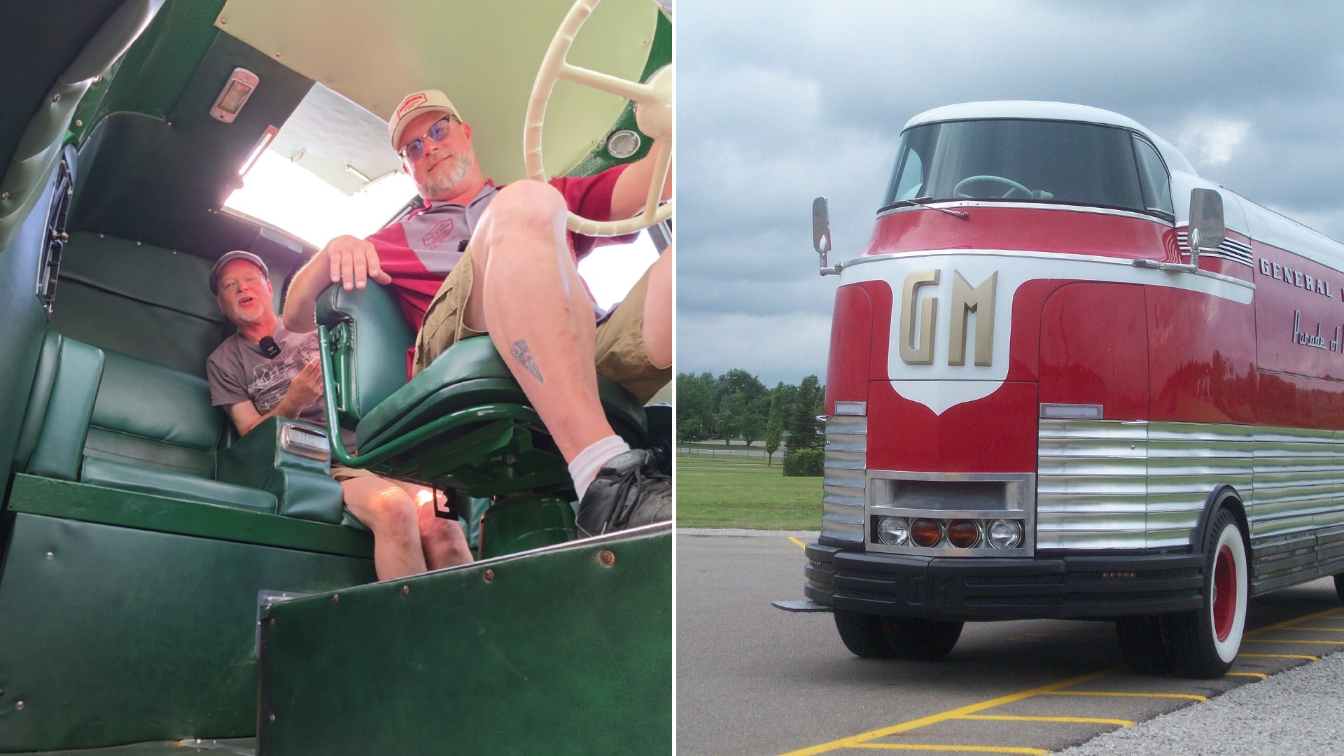Two collectors inside a GM Futurliner cockpit from the TikTok, beside a restored GM Futurliner bus (photo CC BY 2.0 via Wikimedia Commons)
