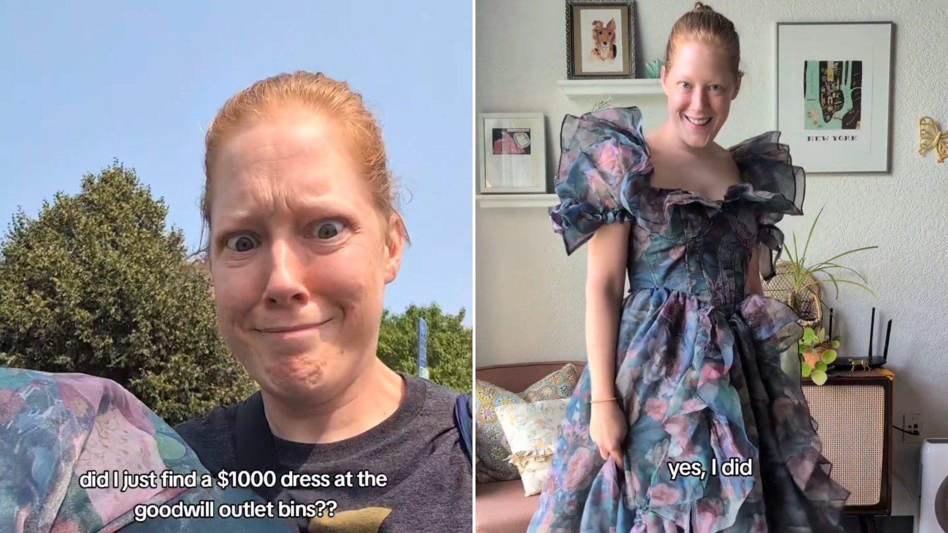 Thrifter reacting to finding a designer dress in the Goodwill outlet bins, and wearing the floral gown at home
