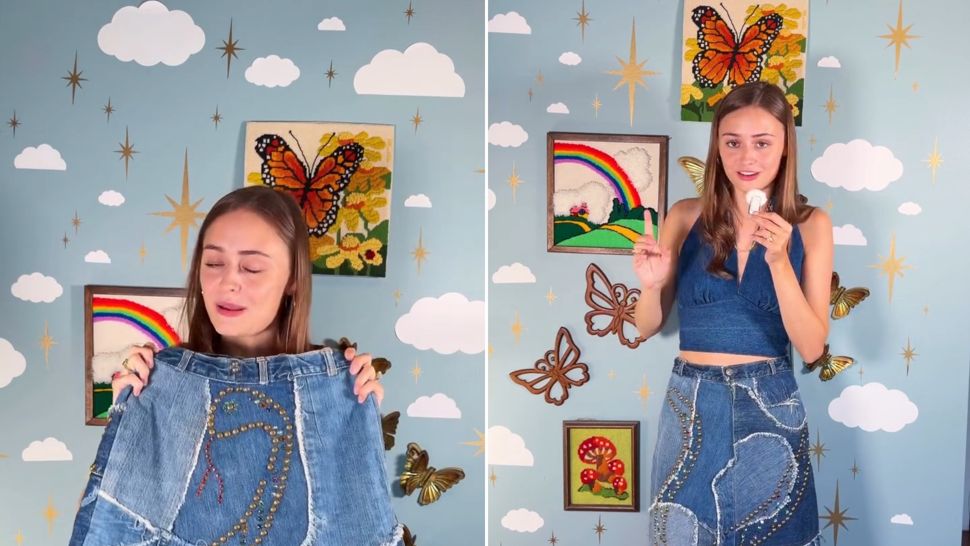 Two frames from the heytheremissblue Instagram reel: left, the buyer holding up a studded patchwork denim skirt; right, her wearing the skirt in front of a cloud-painted wall