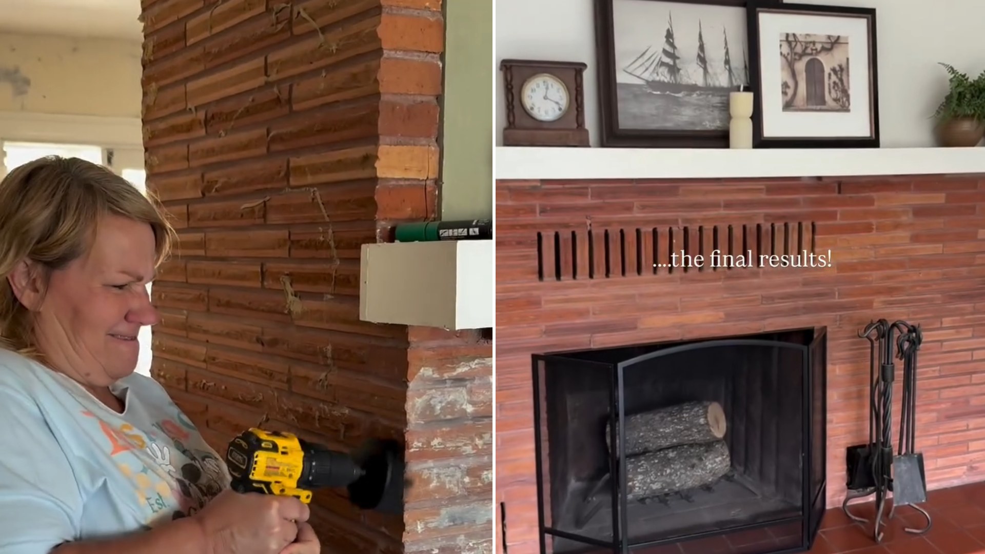 Flipper working on the uncovered brick fireplace beside the finished 1958 fireplace