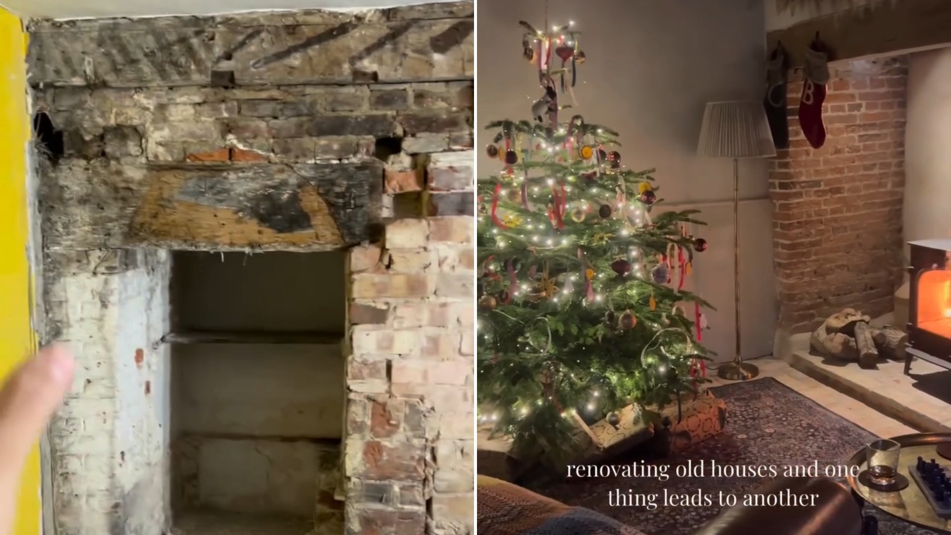 The brick inglenook fireplace as it was first uncovered behind a wall, next to the same fireplace restored and lit with a Christmas tree beside it