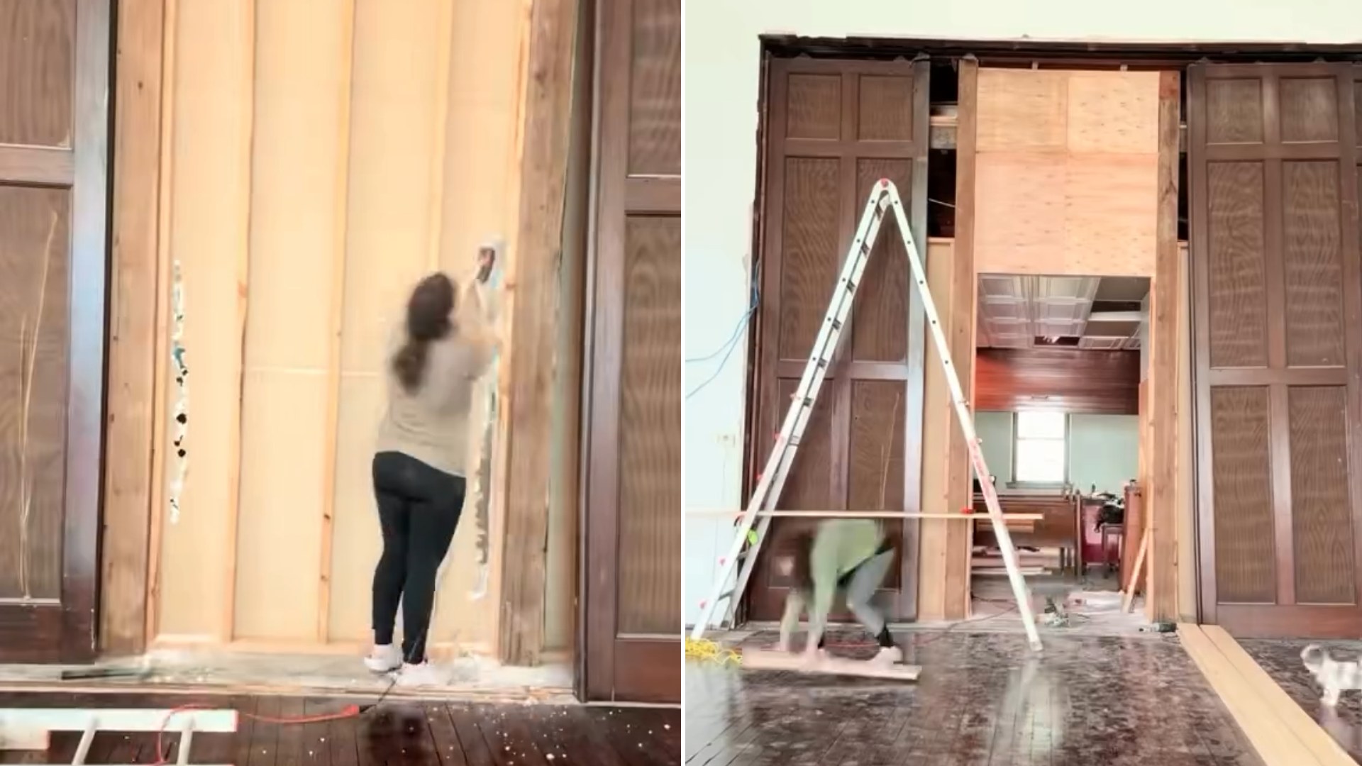 Venue owner tearing into drywall beside the uncovered fifteen-foot wooden pocket doors