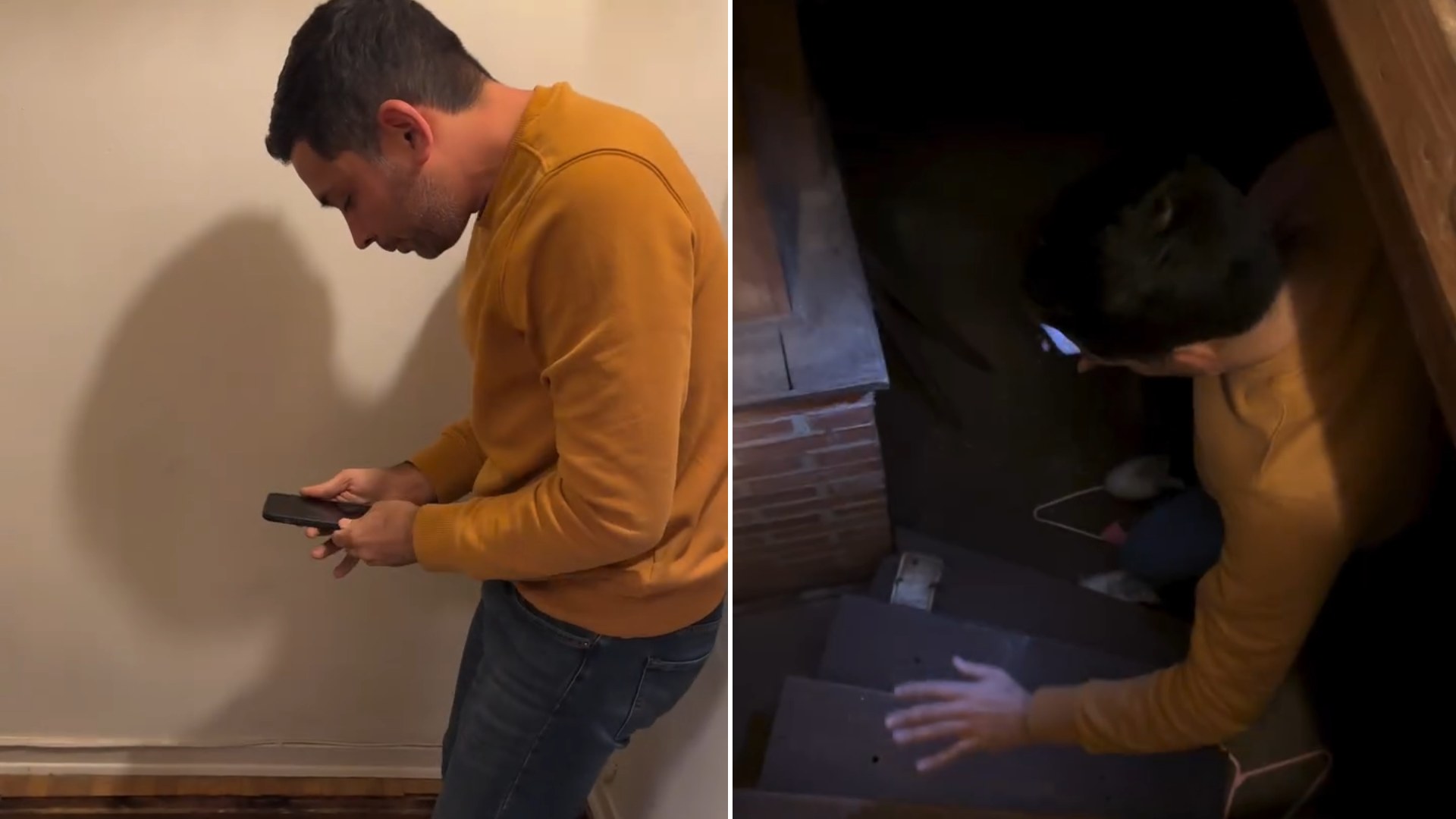 Homeowner at the hidden closet opening, then climbing down the stairs into the sealed speakeasy