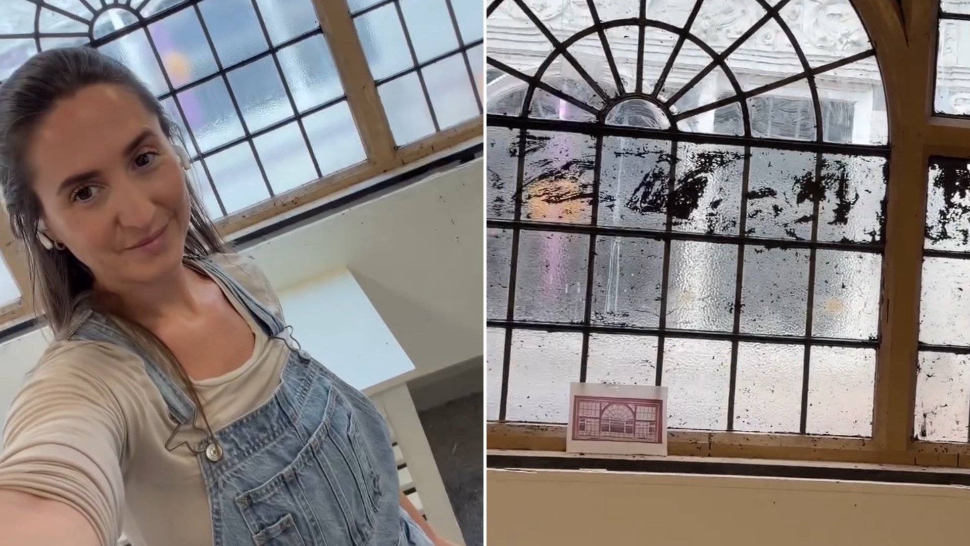 Renovator smiling in front of the uncovered historic arched window, next to a close-up of the window glass still streaked with old black paint