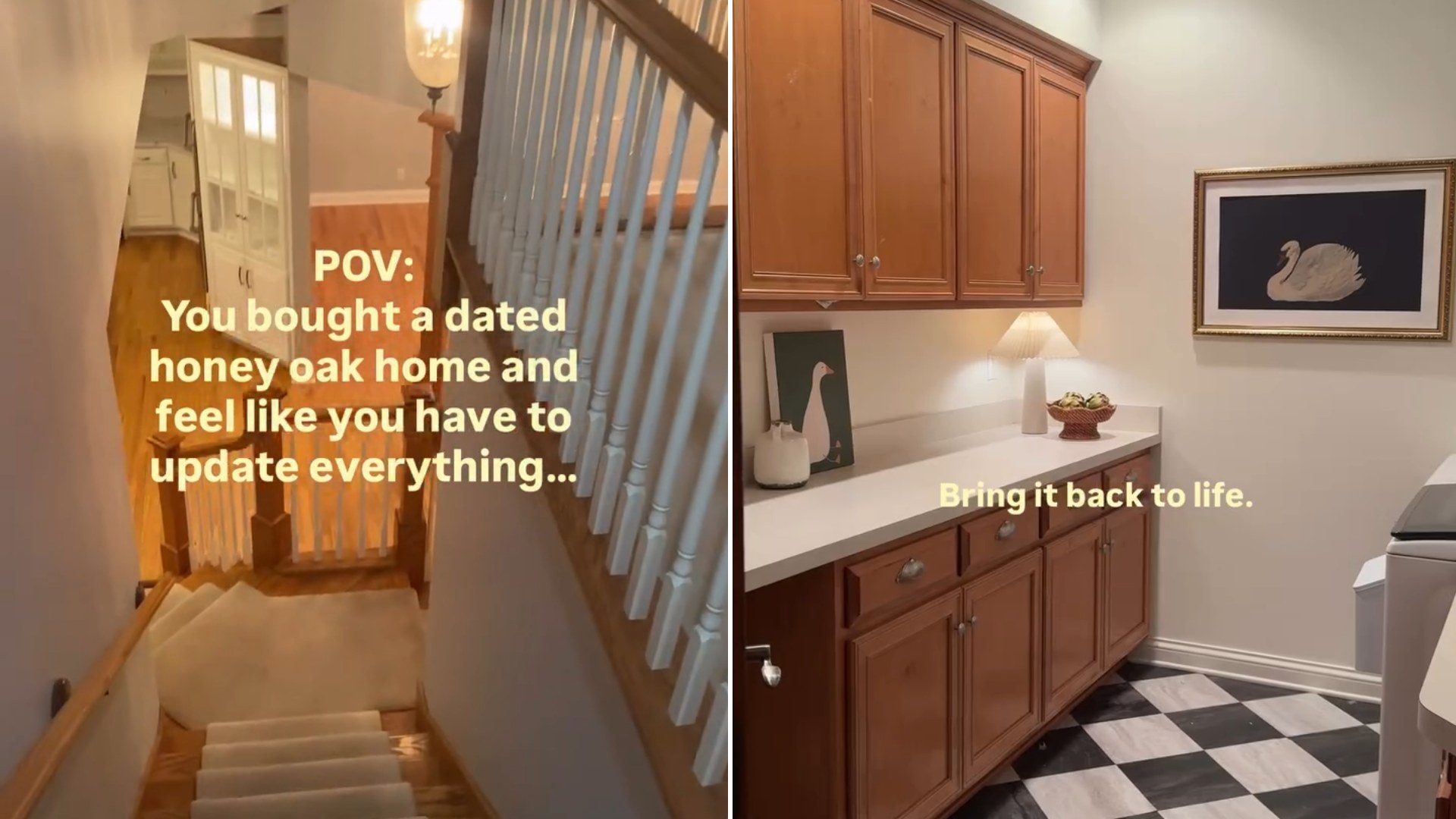 Honey oak staircase and a kitchen with honey oak cabinets from the creator's reel about keeping the original look