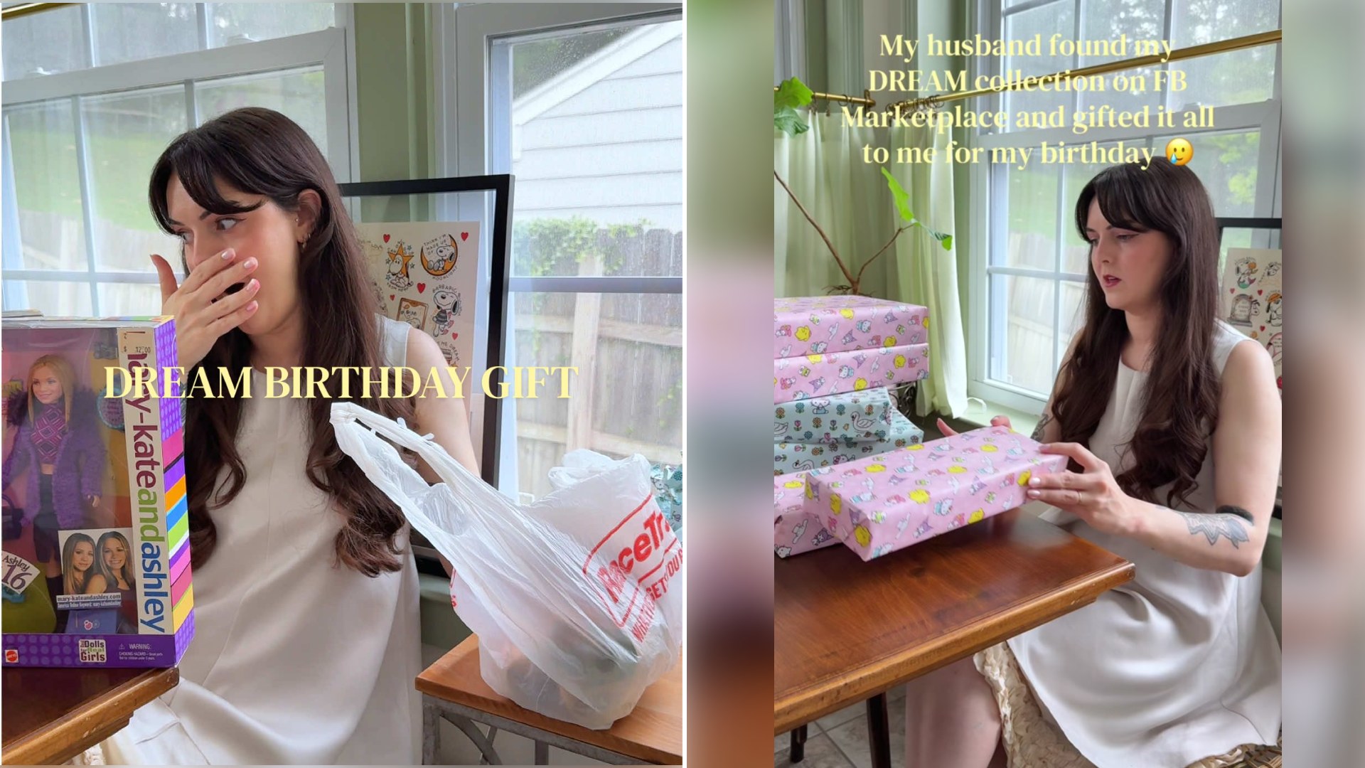 Split image from a TikTok: a woman in a white dress covers her mouth in shock while holding a boxed vintage doll with the caption 'DREAM BIRTHDAY GIFT', next to her opening a stack of wrapped presents at a table with a caption about her husband finding her dream collection on Facebook Marketplace
