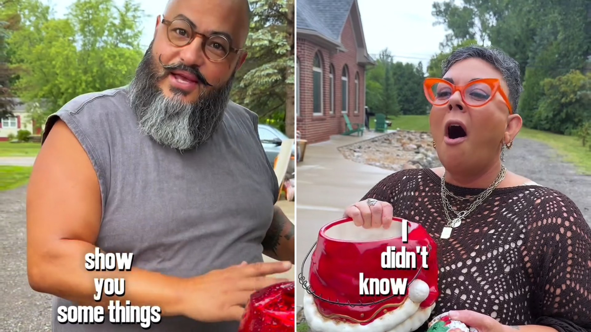 Husband about to show his wife the garage sale finds he documented in secret, next to her surprised reaction holding a vintage Santa cookie jar