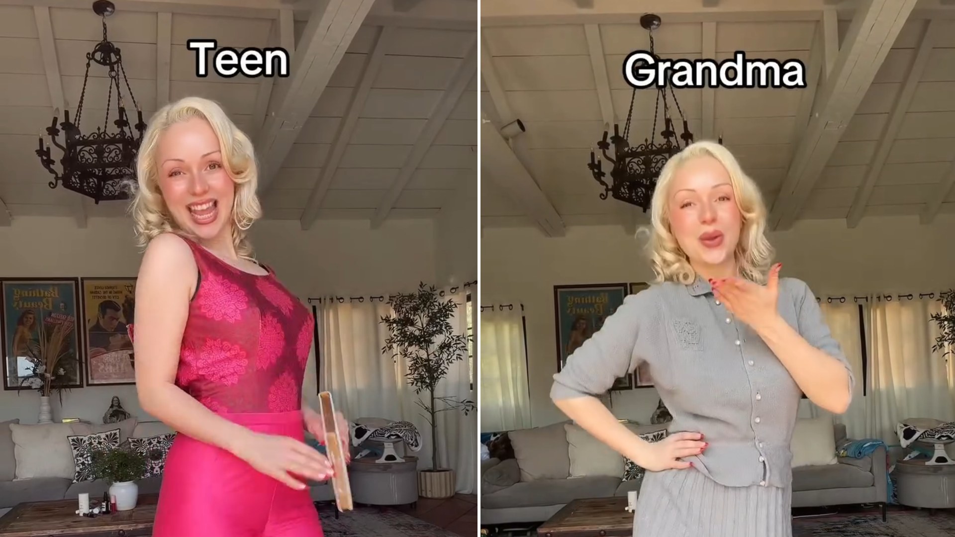 Jasmine Chiswell in a 1950s teen outfit beside her 1950s grandma outfit