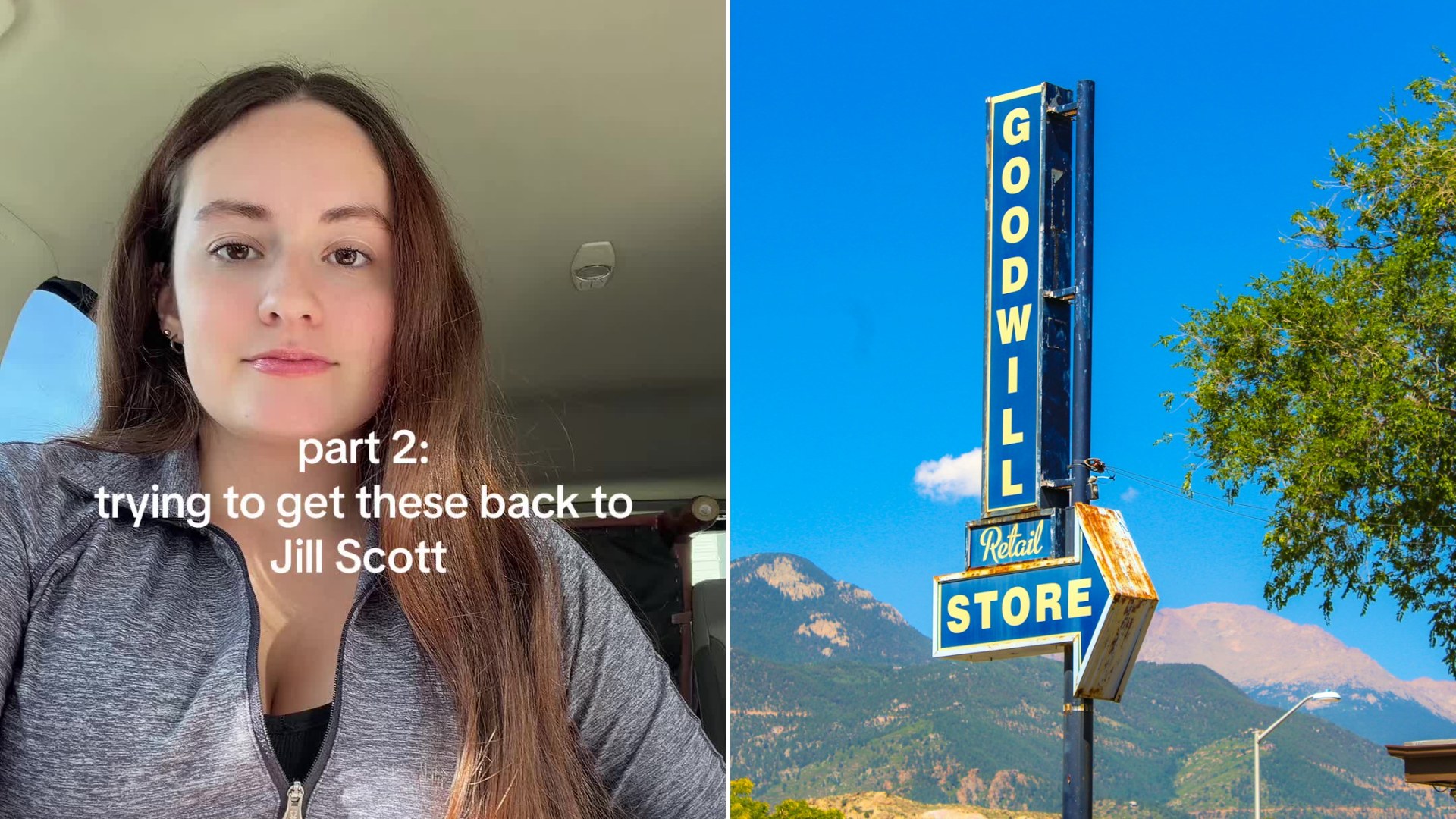 Thrifter Hannah in her car with the caption part 2 trying to get these back to Jill Scott, next to a Goodwill Store sign
