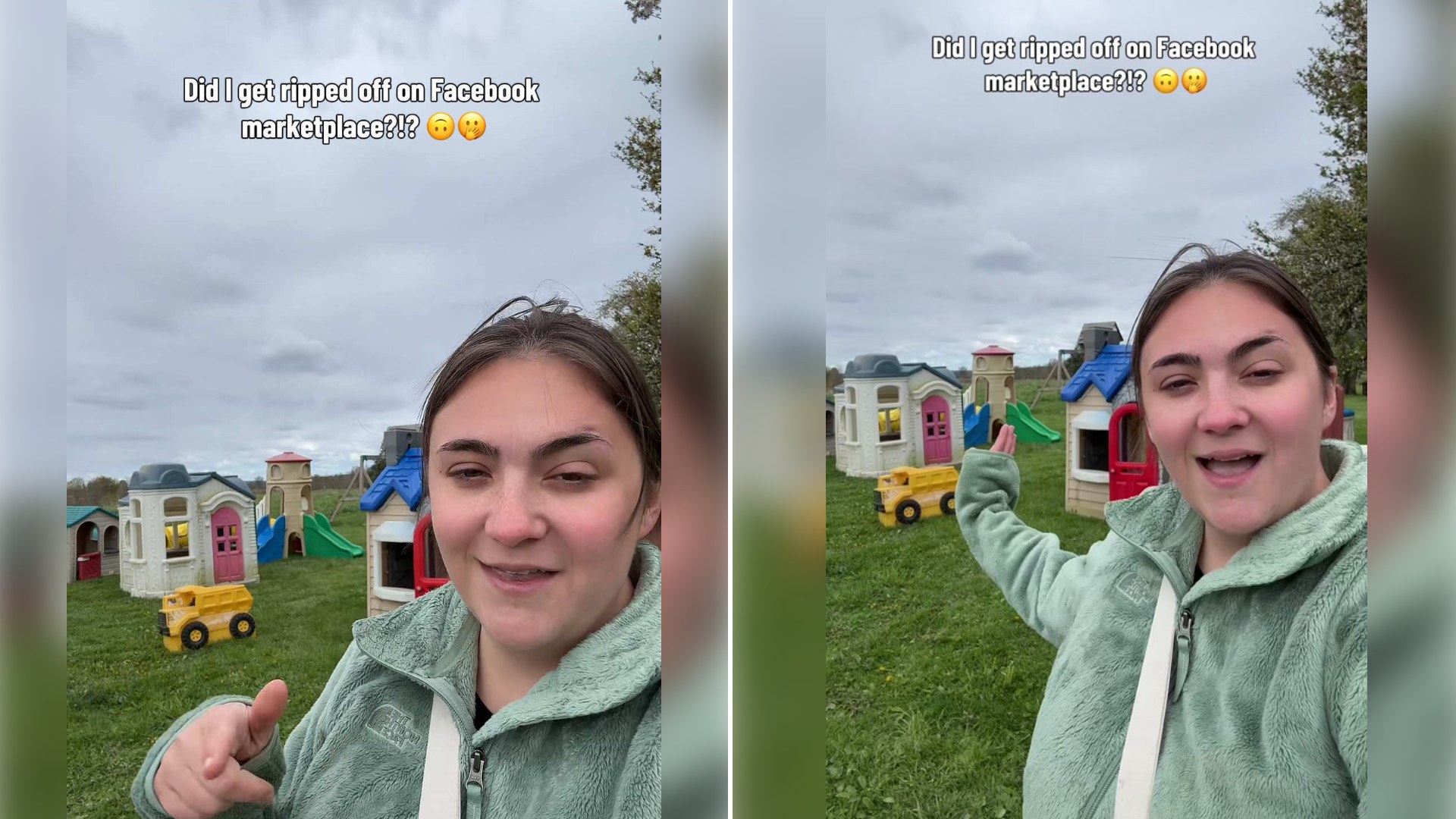 Split image from a TikTok: a woman in a green fleece points toward a row of vintage plastic playhouses in a grassy yard with the caption 'Did I get ripped off on Facebook marketplace?!?', next to her gesturing at the playhouses from another angle