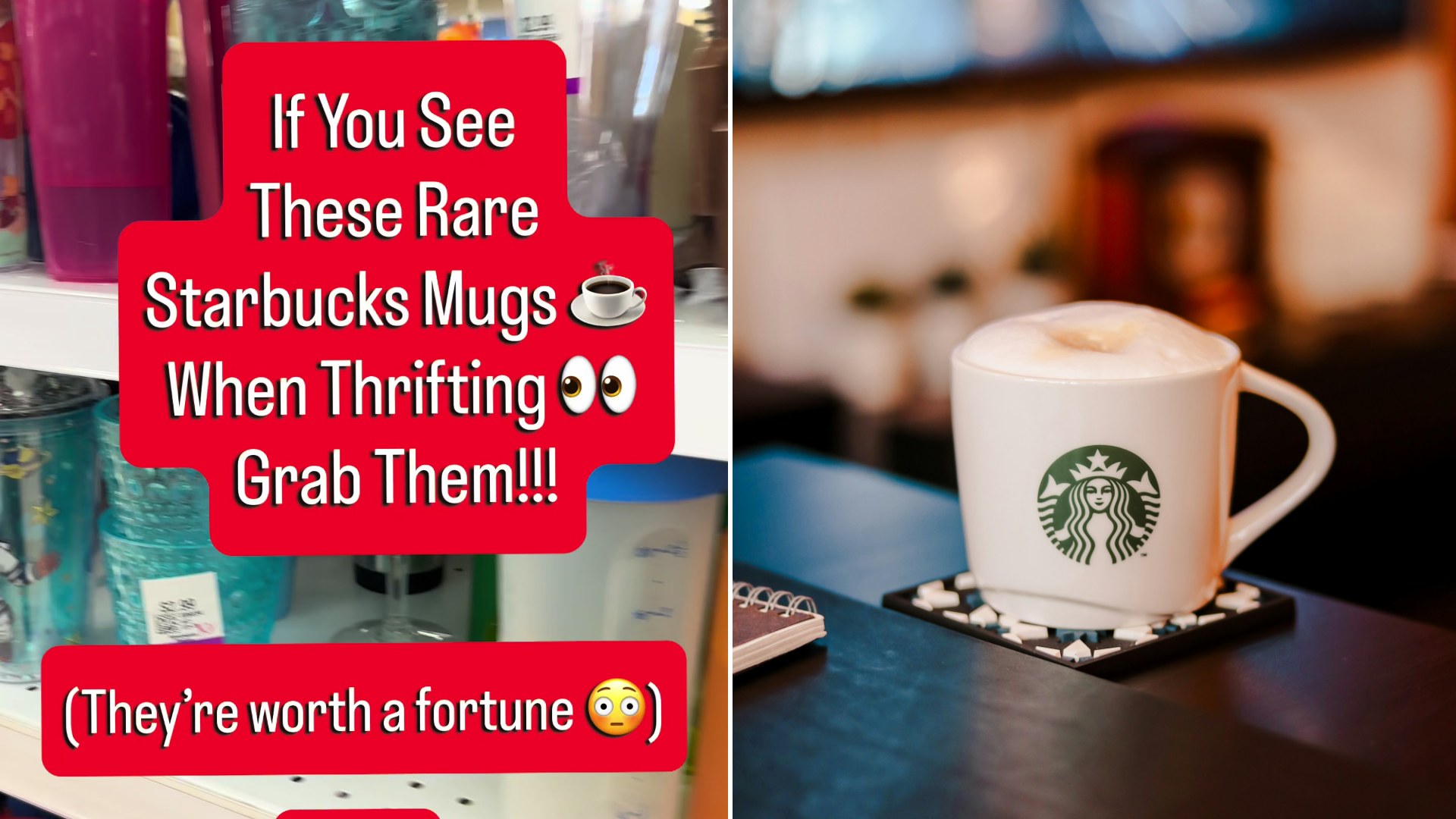 Left, the @momsgotmoney TikTok cover with the caption If You See These Rare Starbucks Mugs When Thrifting Grab Them over a thrift-store shelf; right, a white Starbucks ceramic mug on a dark table (Unsplash photo by Omar Al-Ghosson)