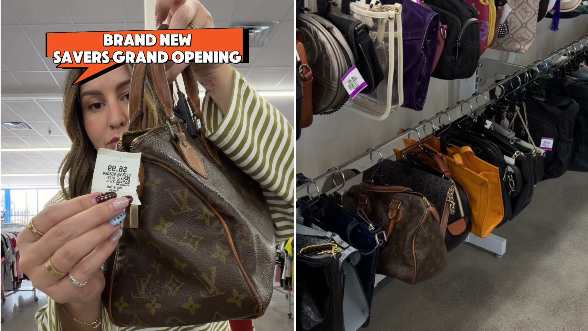 Two frames from the @msjuicyy TikTok: left, the shopper holding up a monogram handbag with its price tag under a Brand New Savers Grand Opening banner; right, a rack of secondhand purses in the store