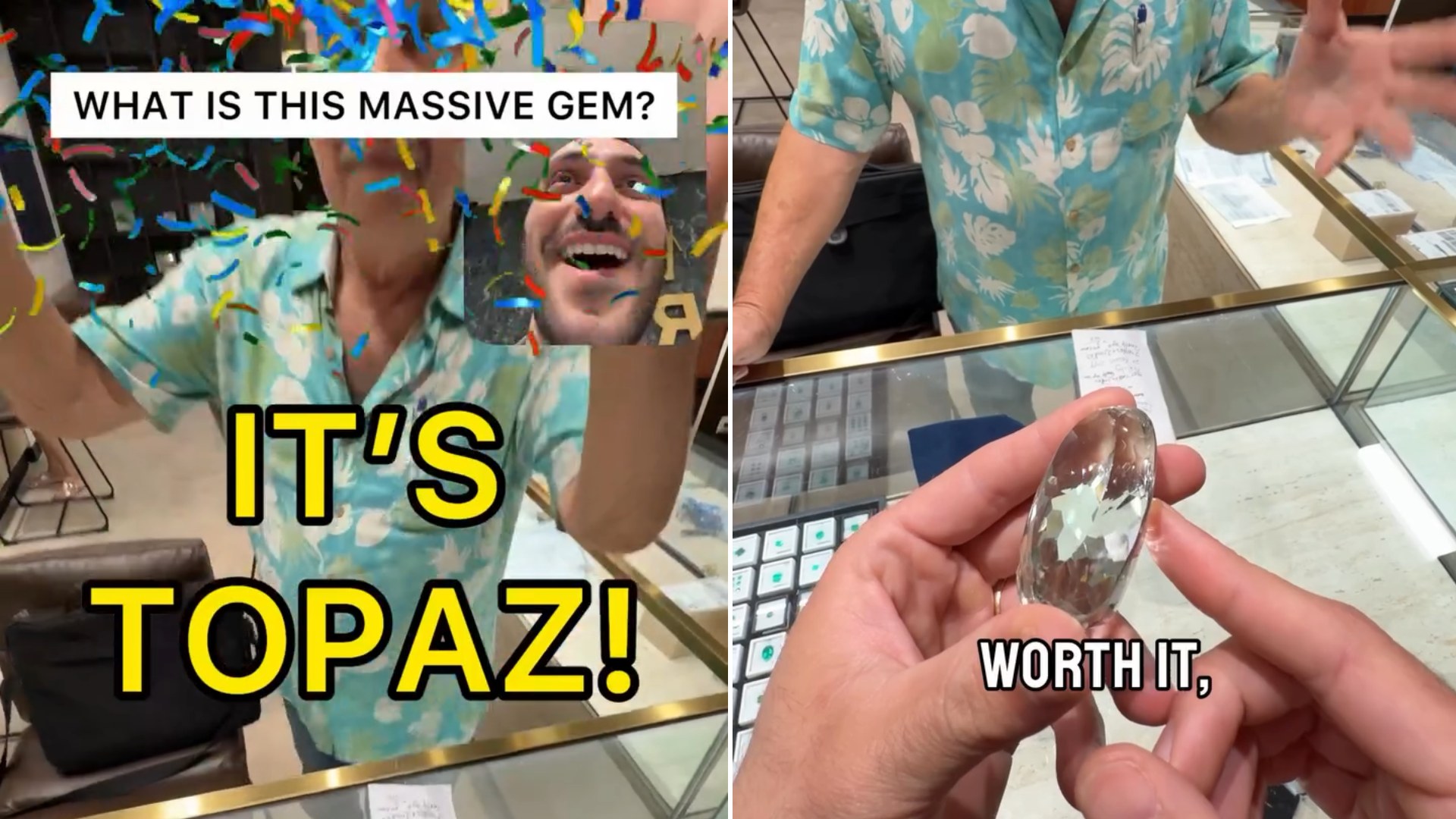 Gemologist announcing the mystery stone is topaz, beside the large clear stone held over the counter
