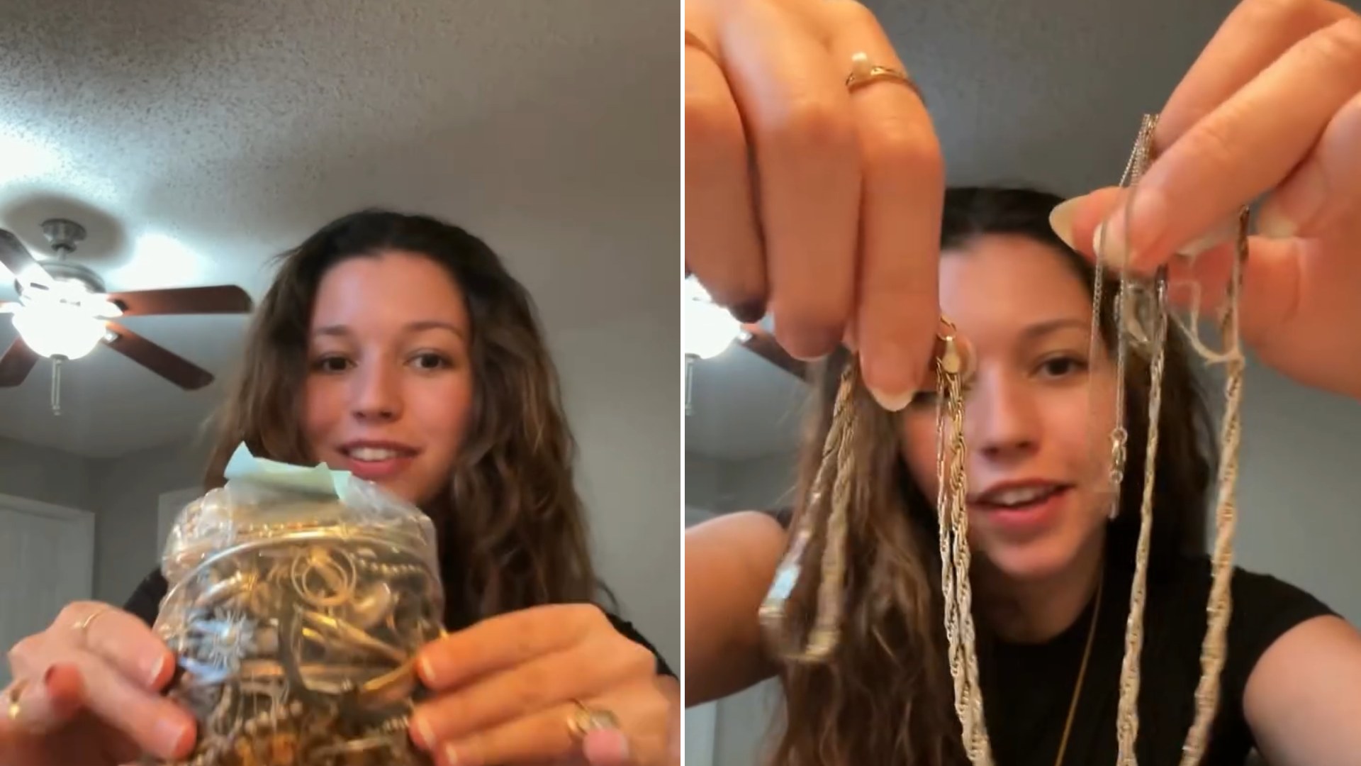 Two frames from the nannas.nuggets Instagram reel: left, the reseller holding up the unopened bag of jewelry; right, her holding tangled silver and gold chains pulled from it