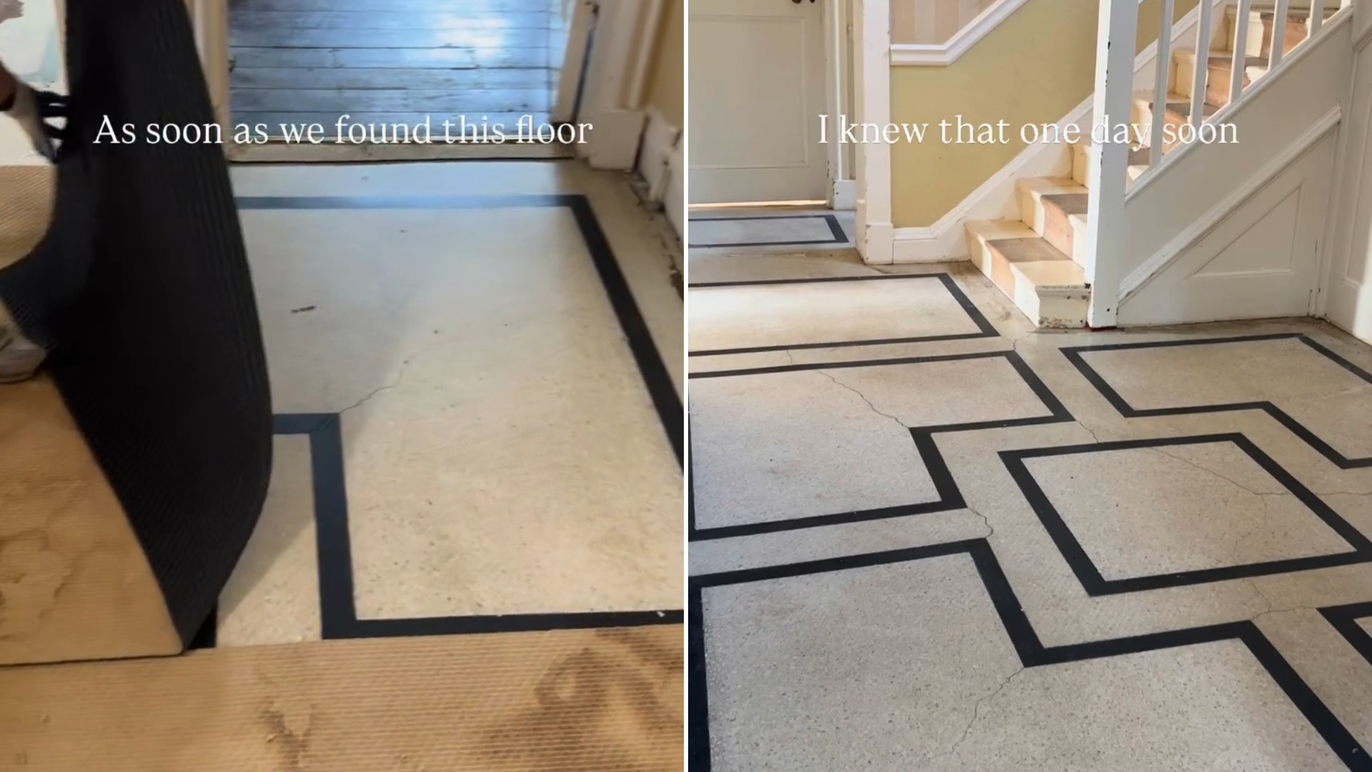 Carpet being pulled back to reveal an original geometric tiled floor in a 1920s home, next to the fully uncovered hallway tiles
