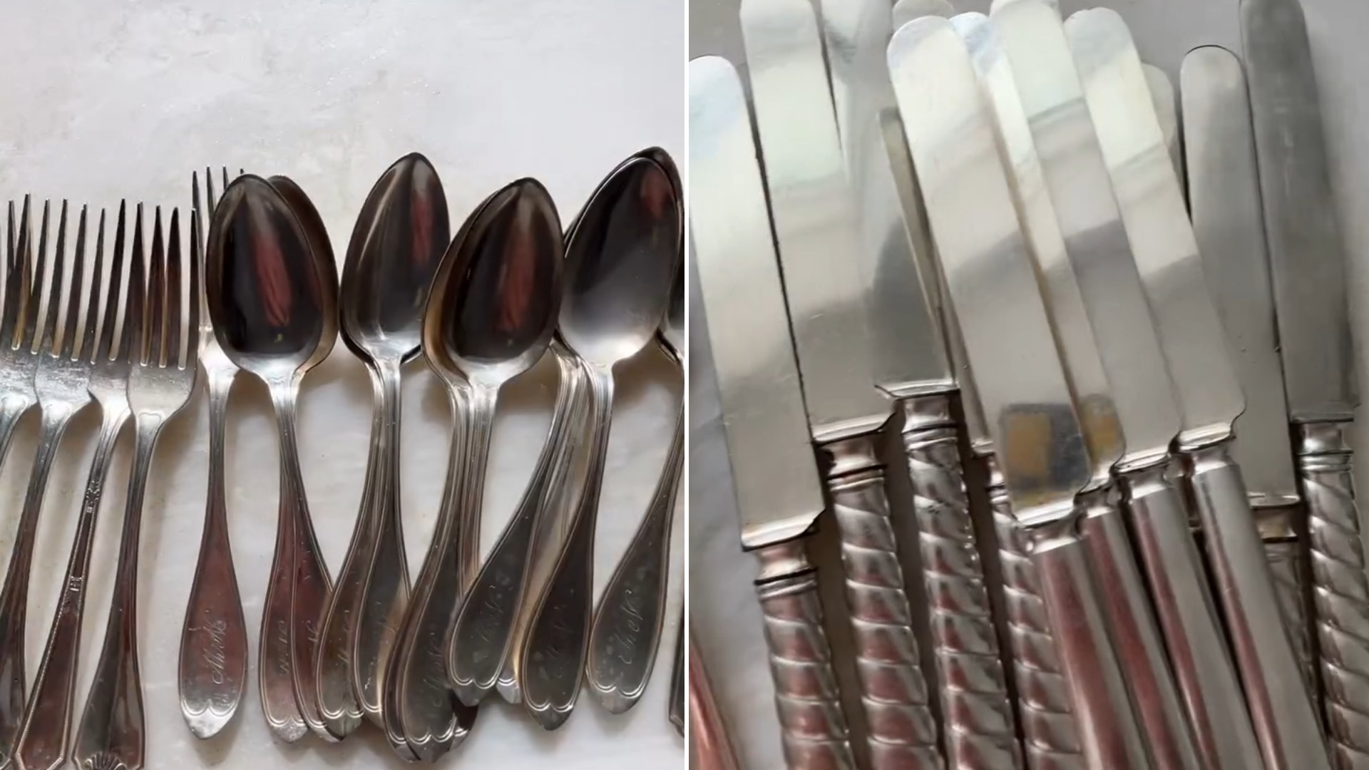 Two frames from the patsybell.co Instagram reel: left, sterling silver forks and spoons laid out in rows; right, the matching silver knives with twisted handles
