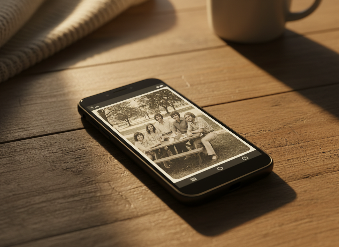 A smartphone showing a photo gallery app open to an old snapshot, warm nostalgic mood