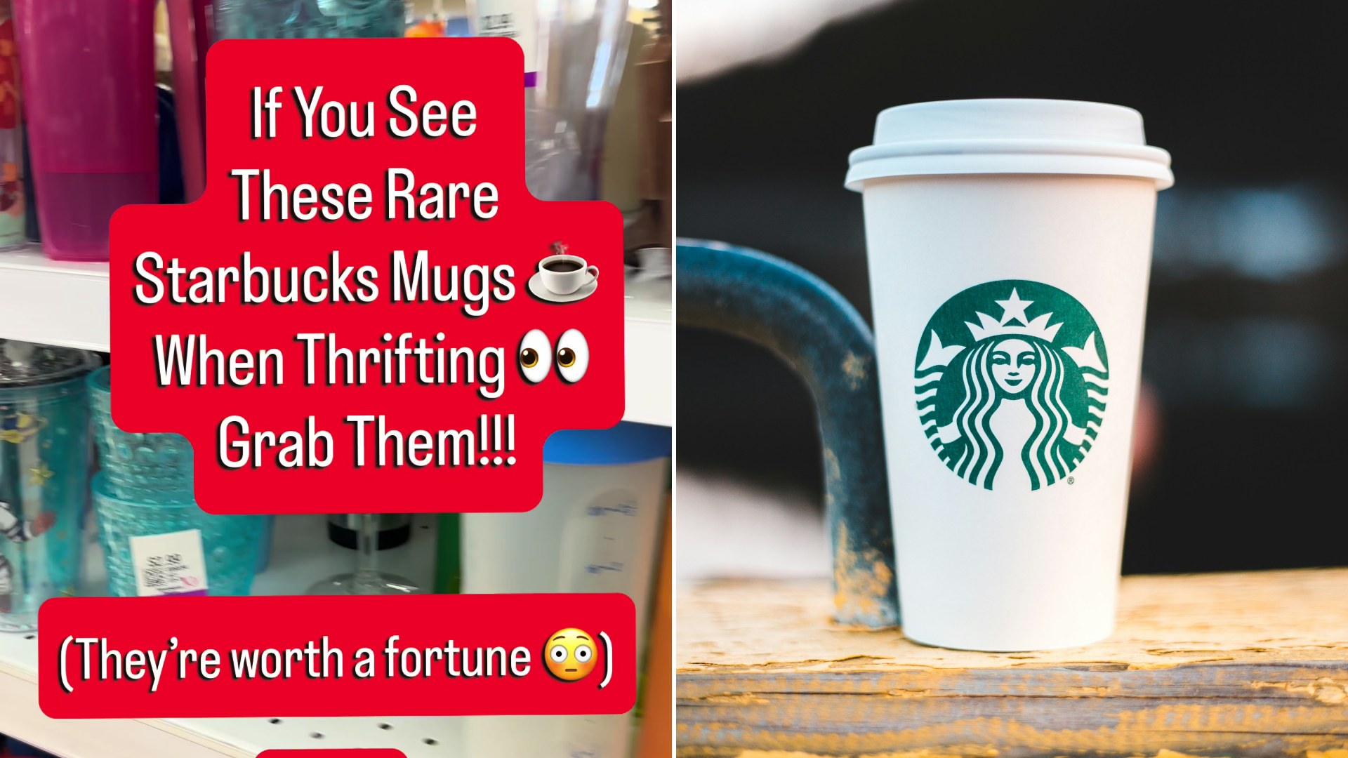 Reseller video cover reading if you see these rare Starbucks mugs when thrifting grab them, next to a Starbucks cup with the siren logo