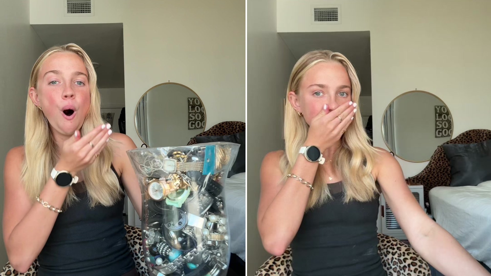 Two frames from the @rkmichelle8 TikTok: left, the reseller reacting beside a large glass vase packed with secondhand jewelry; right, her covering her mouth in surprise