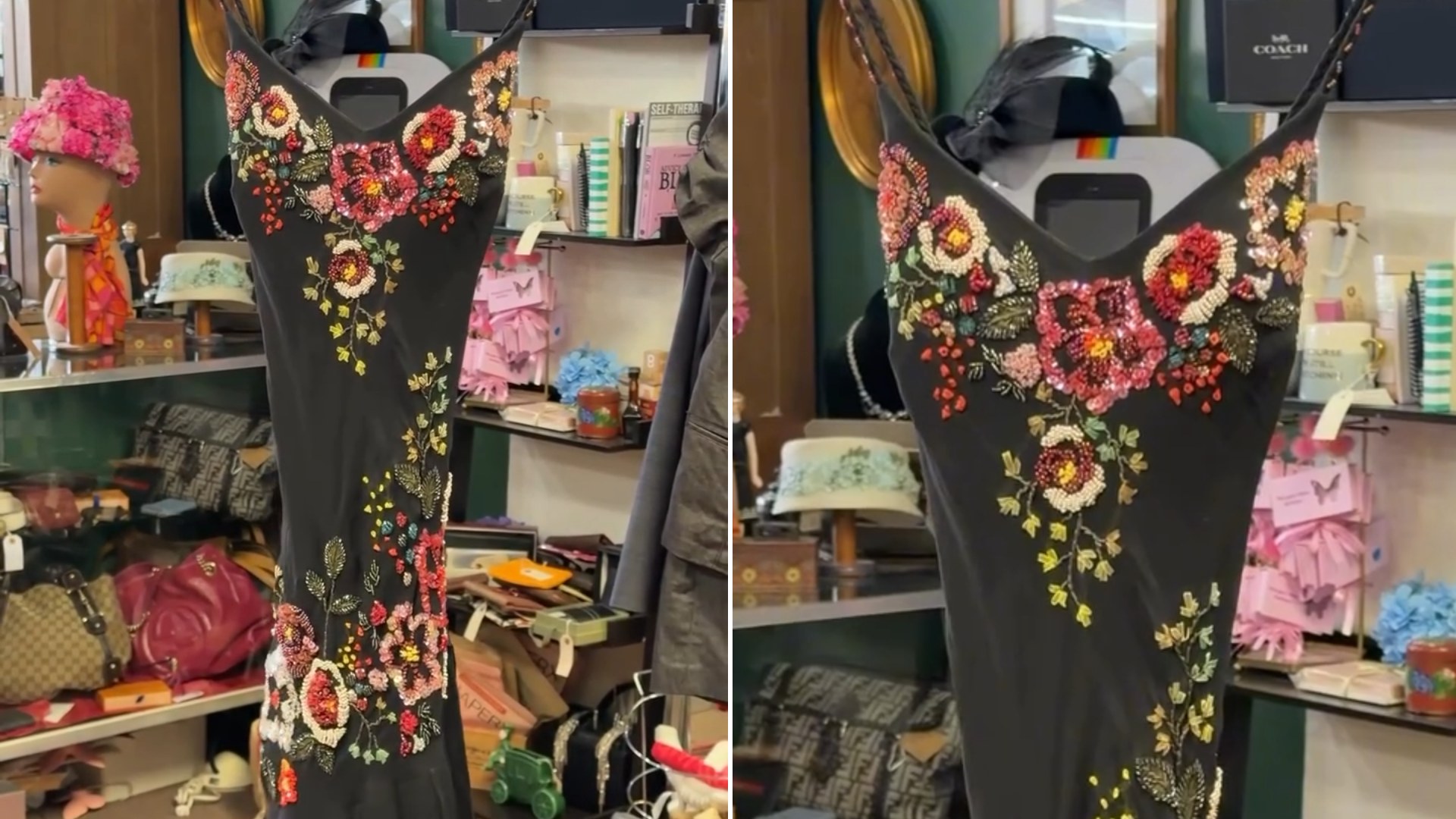 Two frames from the robinhood.couture Instagram reel: a black Sue Wong gown covered in hand-beaded floral embroidery on a dress form in the boutique, shown wide and in close-up