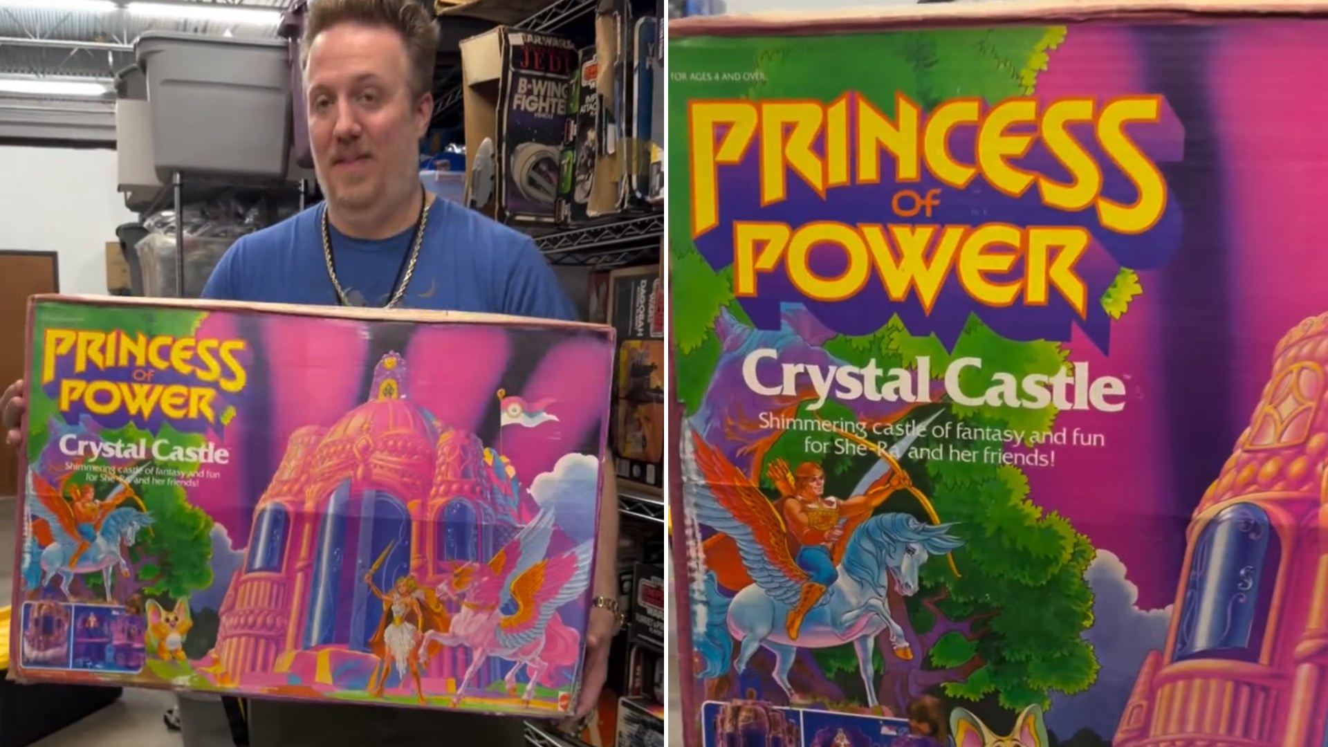 Toy store owner holding a factory-sealed 1984 Princess of Power Crystal Castle box, beside a close-up of the box art
