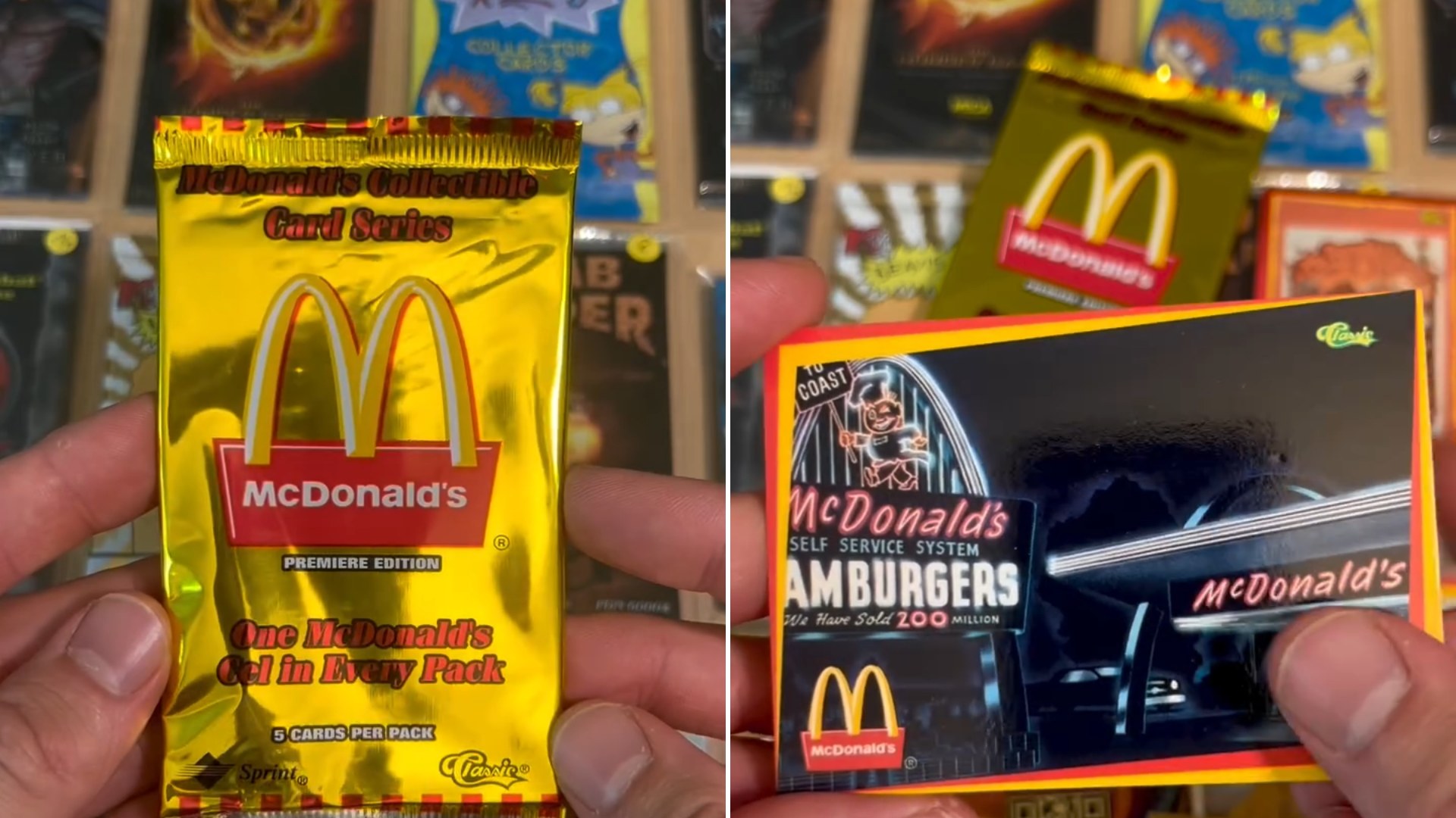 A collector holding a sealed 1996 McDonald's Collectible Card Series booster pack, next to a vintage McDonald's restaurant card pulled from the pack