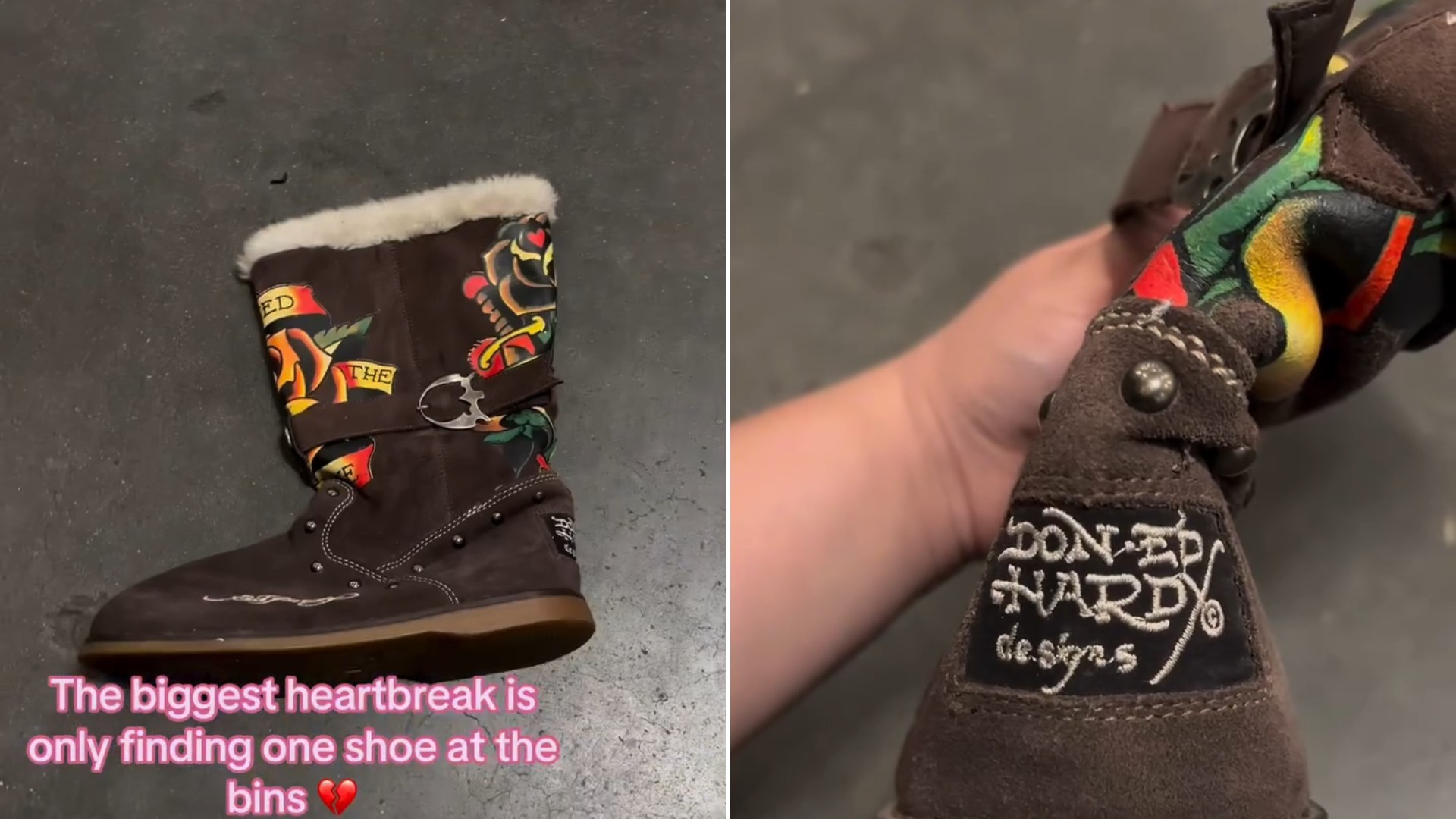 A single vintage Ed Hardy sheepskin boot found in a thrift store bin, with a close-up of the Don Ed Hardy Designs label