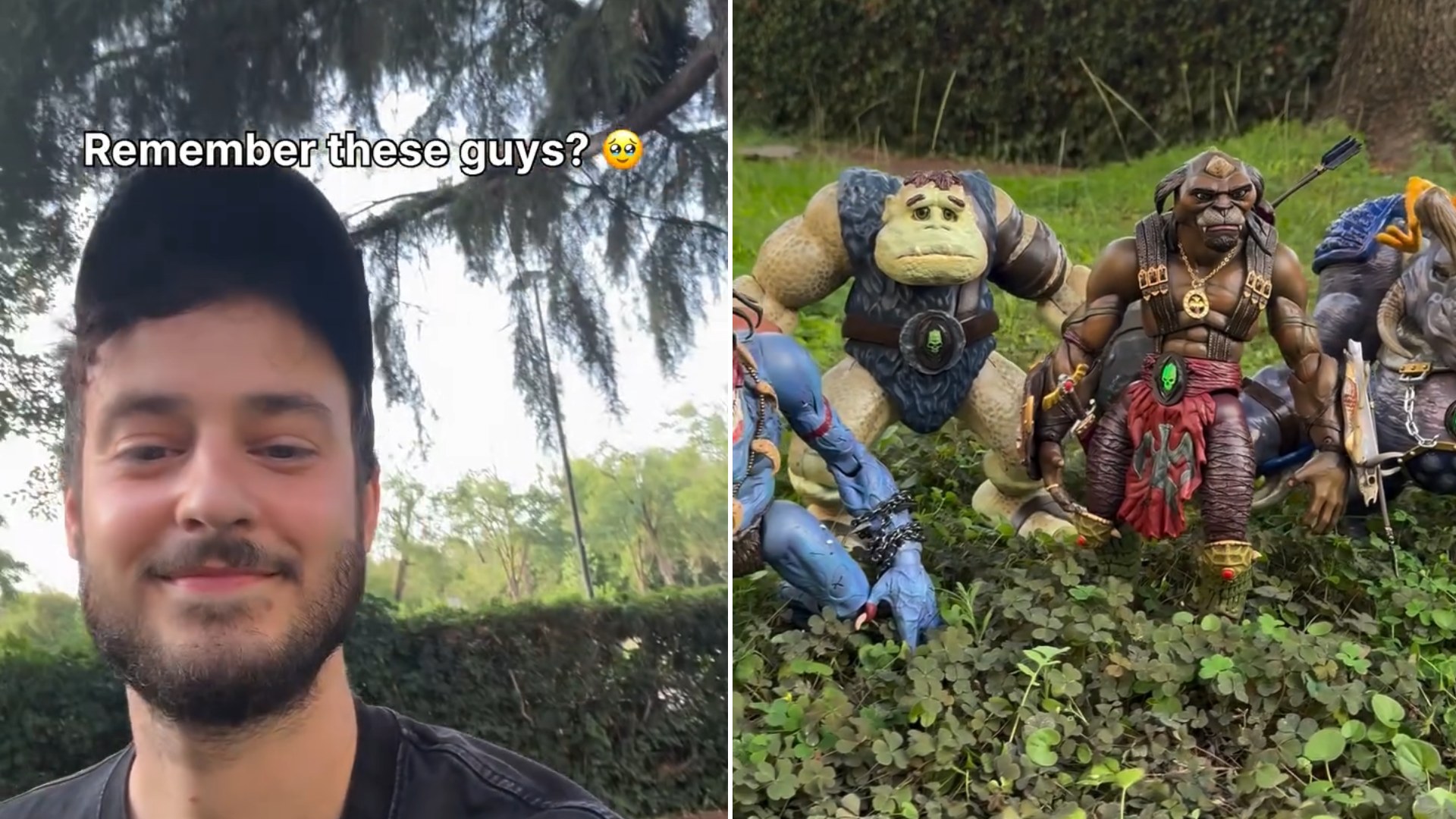 Collector asking if you remember these guys, beside his Small Soldiers Gorgonites figures lined up in the grass