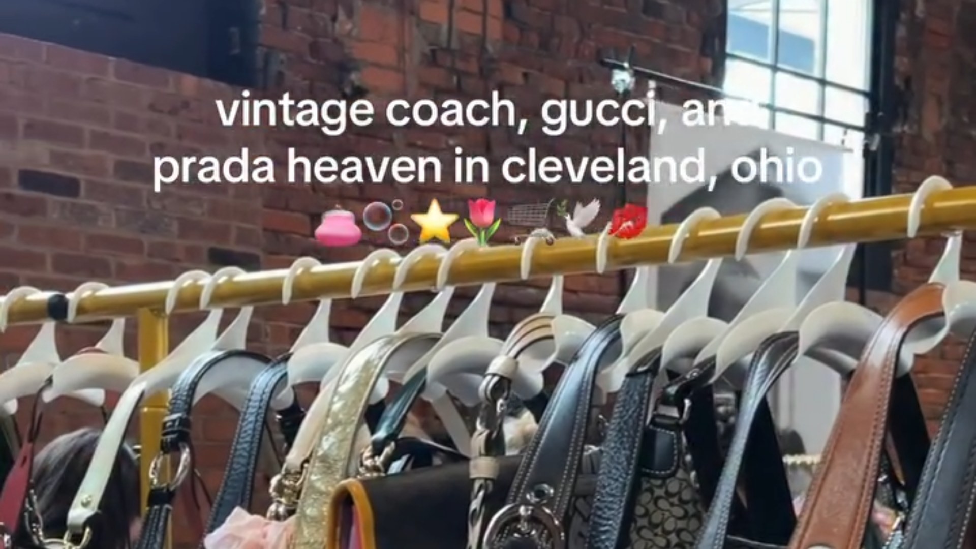 Frame from the stargirlmeg1111 Instagram reel showing a rack of vintage designer handbags in a brick-walled Cleveland boutique with the caption vintage coach, gucci, and prada heaven in cleveland, ohio