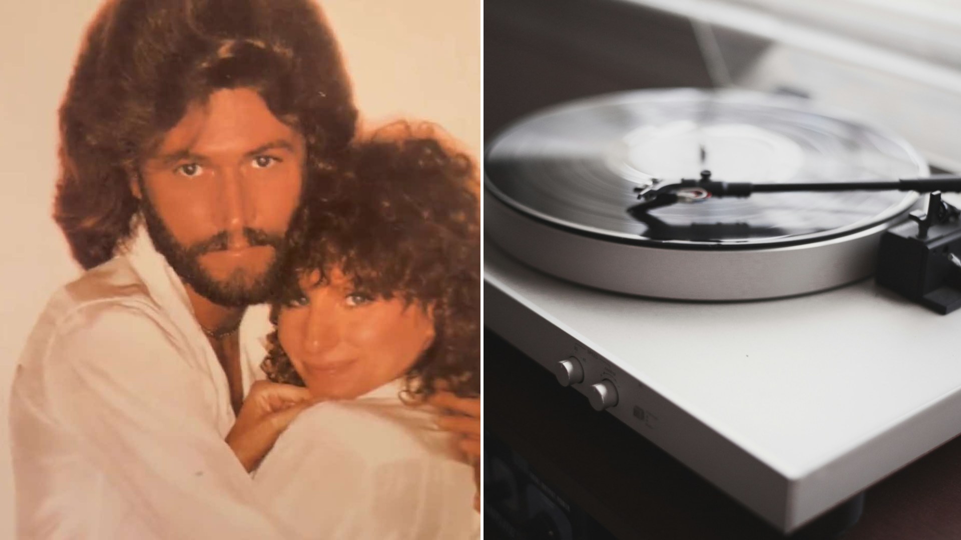 Barbra Streisand and Barry Gibb album cover photo from the TikTok, beside a record spinning on a turntable
