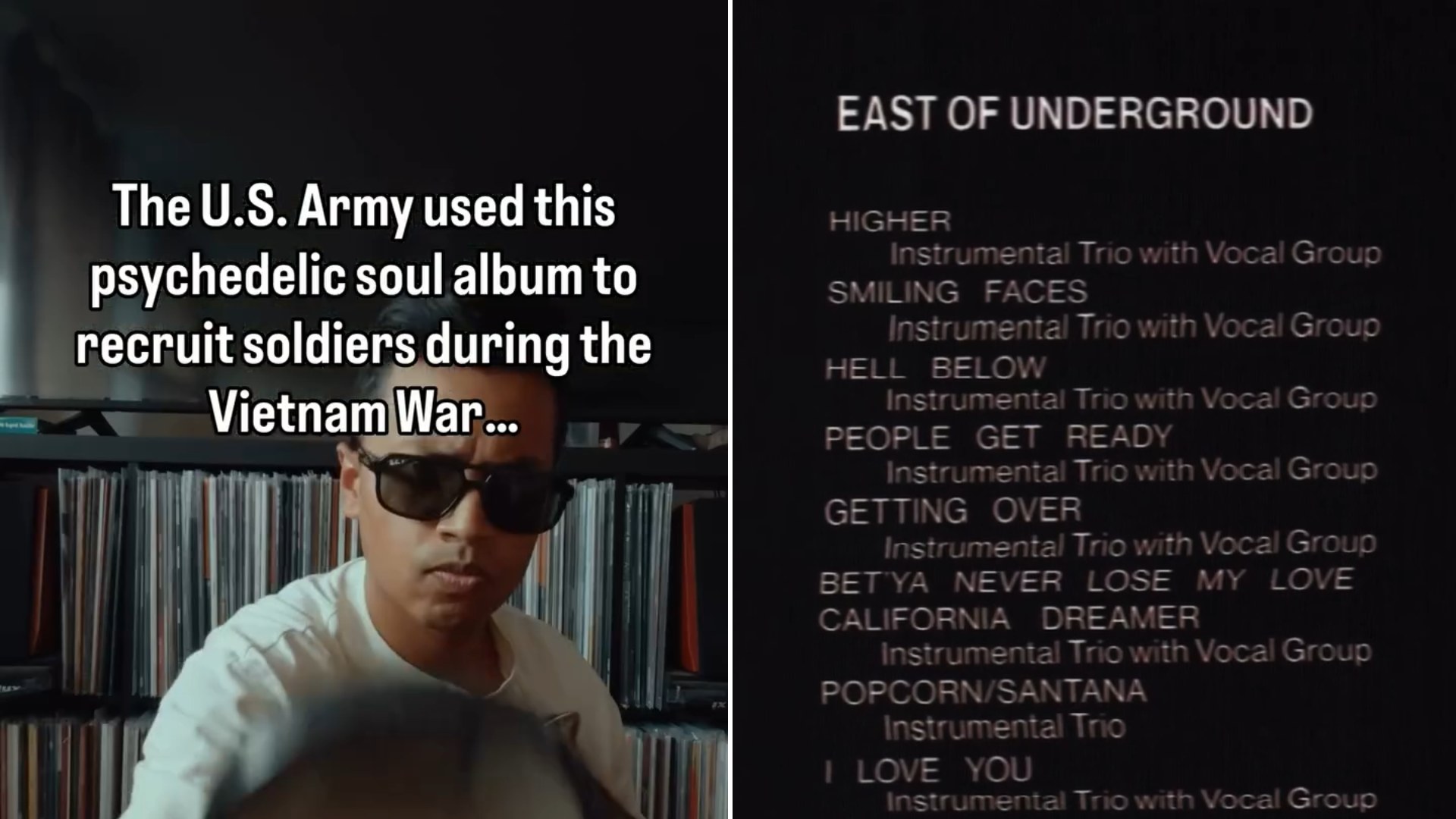 Two frames from the thebengalpetshop Instagram reel: left, the collector in sunglasses in front of his record shelves with the on-screen caption about the U.S. Army using the album to recruit soldiers; right, the East of Underground track listing on the record sleeve