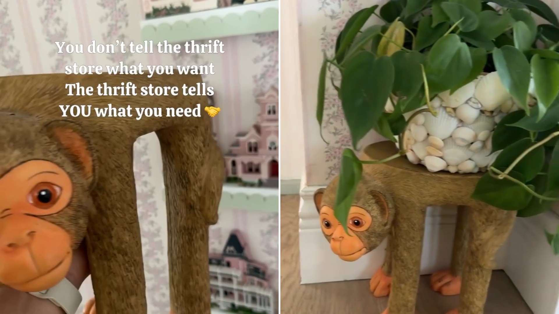 Close-up of a kitschy monkey-shaped plant stand from a thrift store with the caption the thrift store tells you what you need, next to the stand at home holding a pothos plant