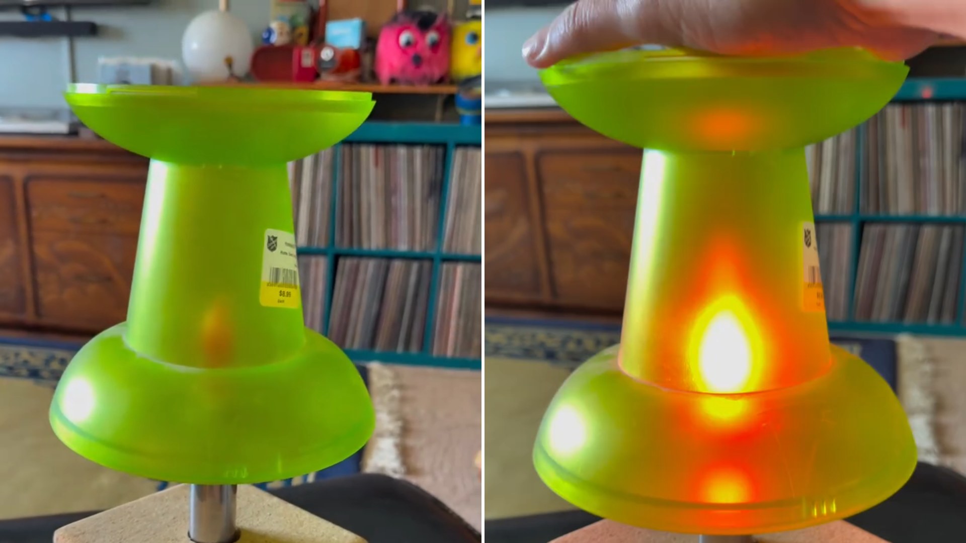 The lime green pushpin-shaped novelty lamp from a Salvation Army thrift store, shown off and then lit up