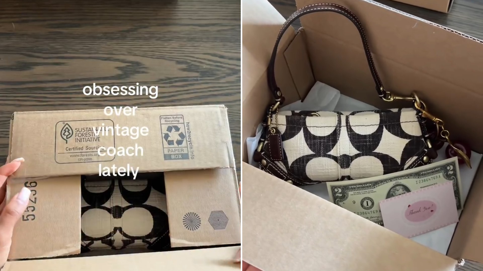 Opening a shipping box with the words obsessing over vintage coach lately, next to the vintage signature Coach handbag revealed inside with a thank-you card and a two dollar bill