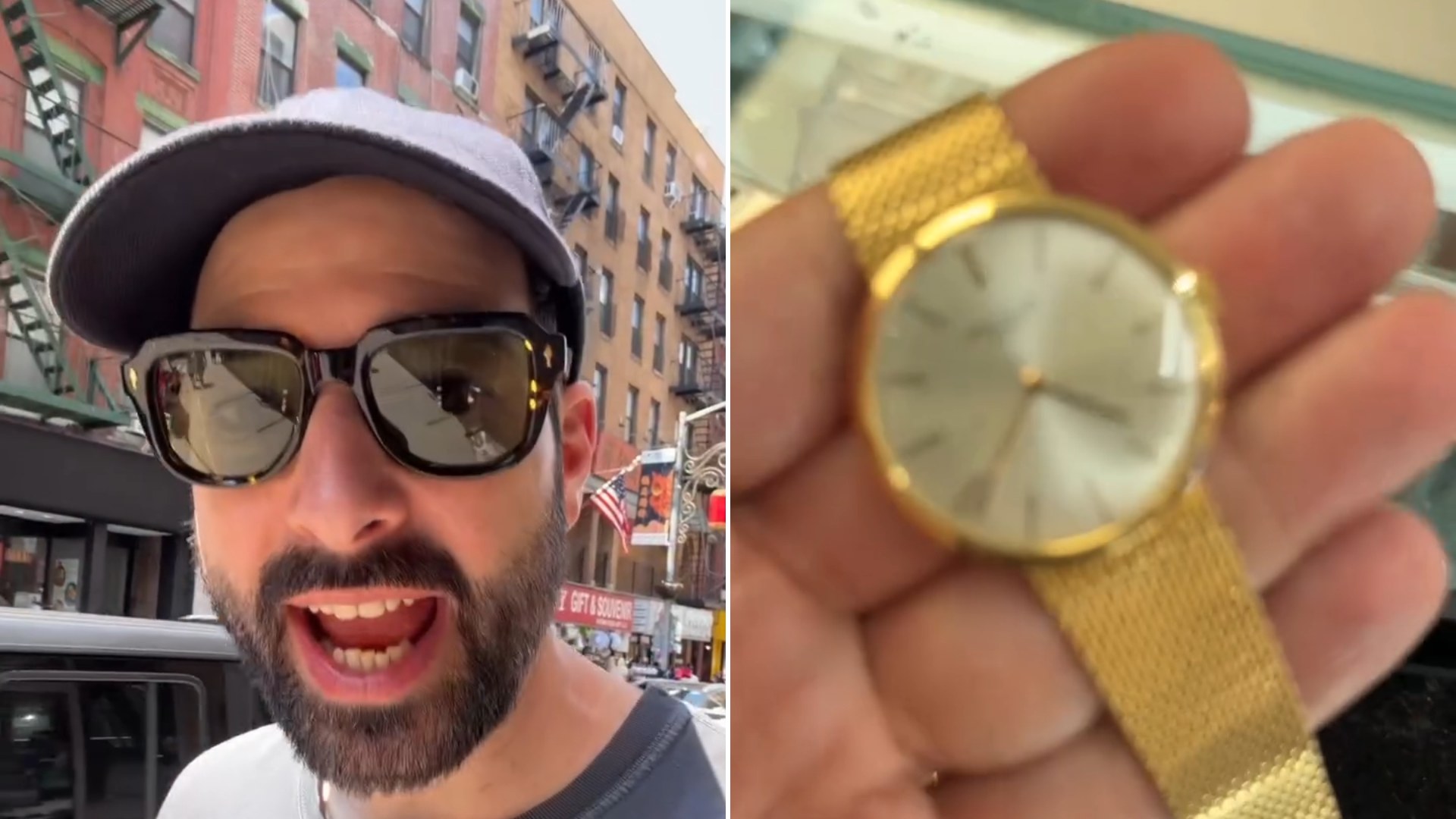 Vintage watch collector talking to camera on a New York street, next to a gold vintage watch held over a shop display case