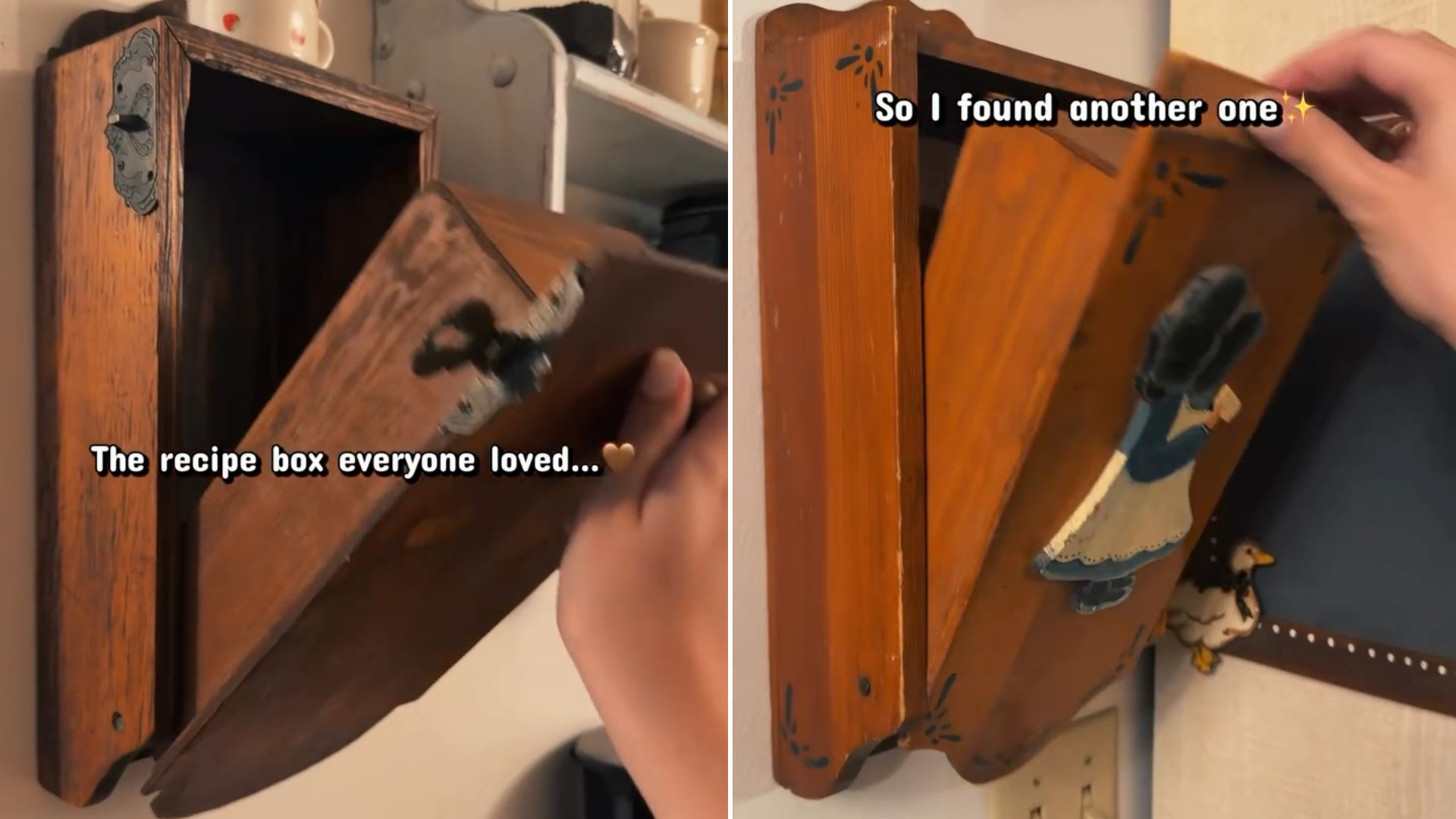 Two frames from the vintagegoosecollective Instagram reel: left, a wooden wall-mounted recipe box being opened; right, a second one with a painted bonnet-girl motif, with the caption So I found another one